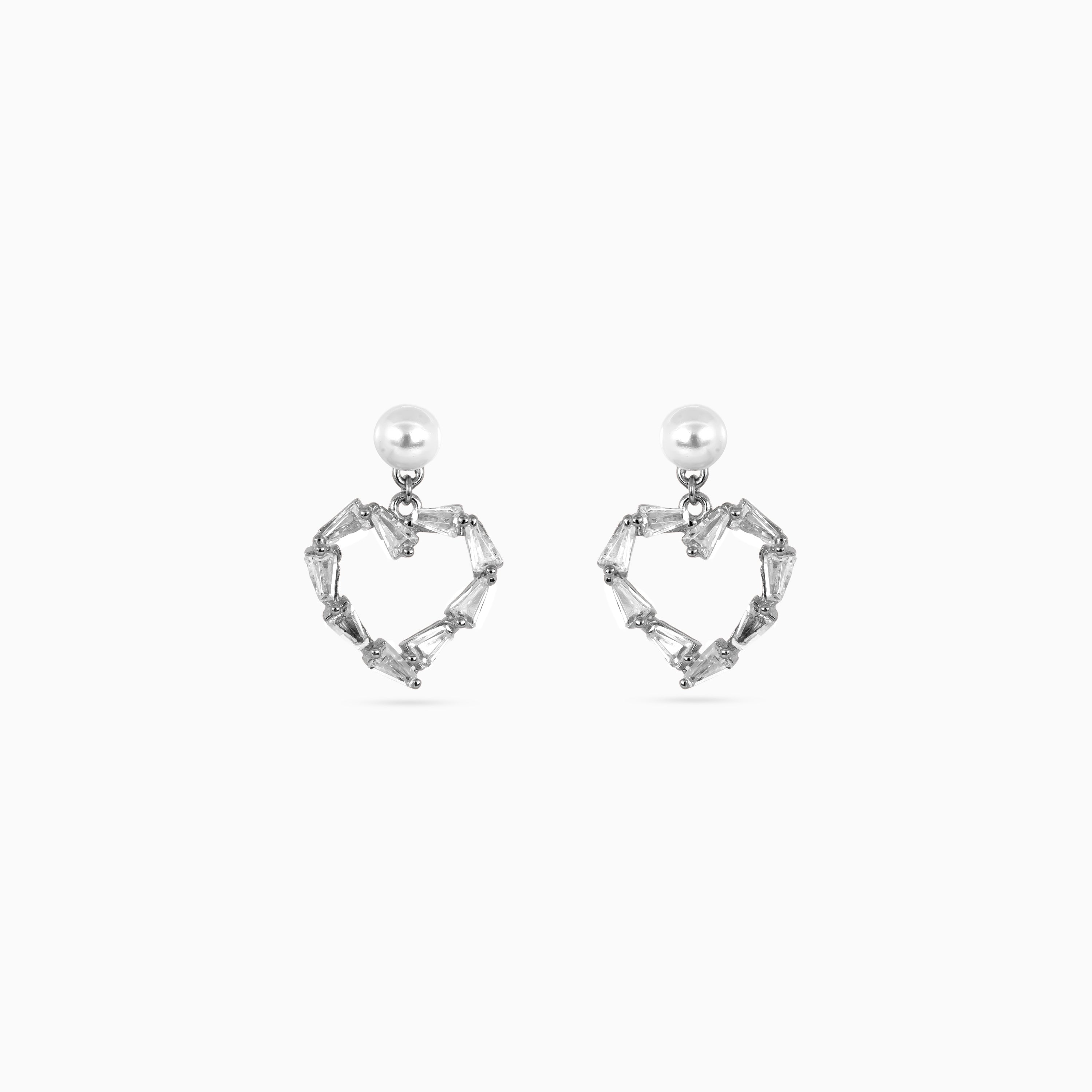 925 silver (rhodium) pearl heart baguette drops, 1.5 × 1.3 cm