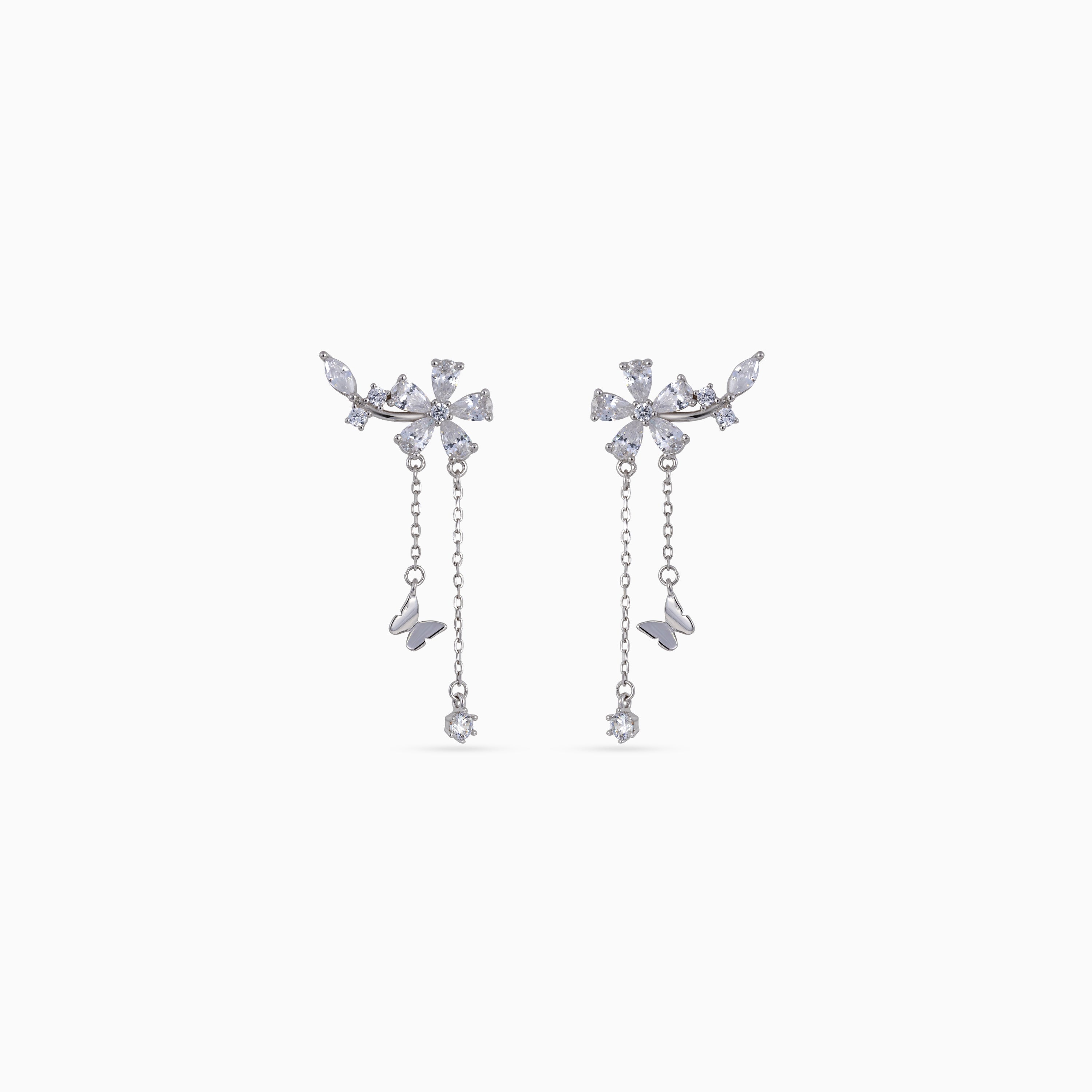925 silver butterfly vine drop earrings, rhodium, marquise and round CZ, fine chains, 3.5 × 2 cm