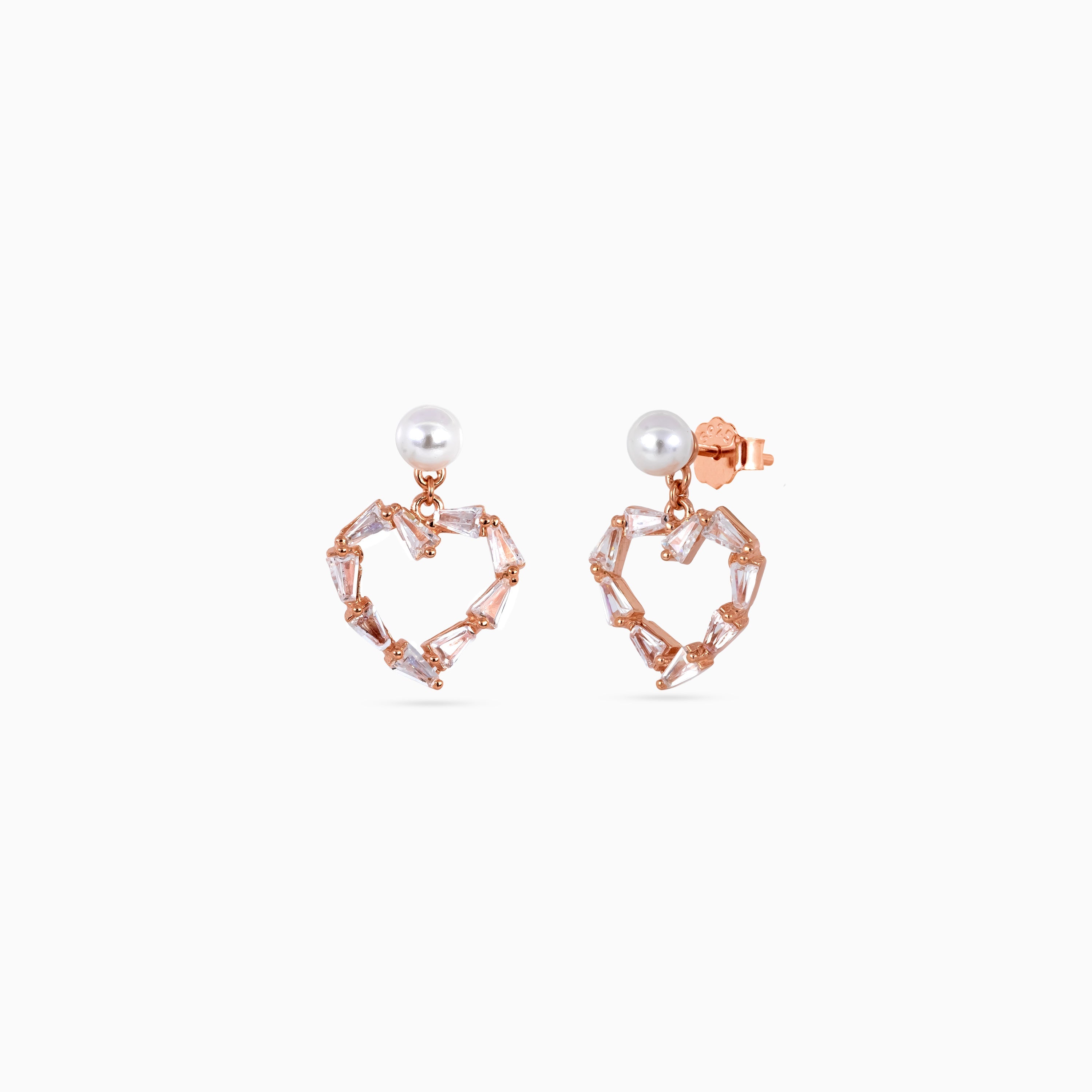 Rose gold Pearl Heart Baguette Drops