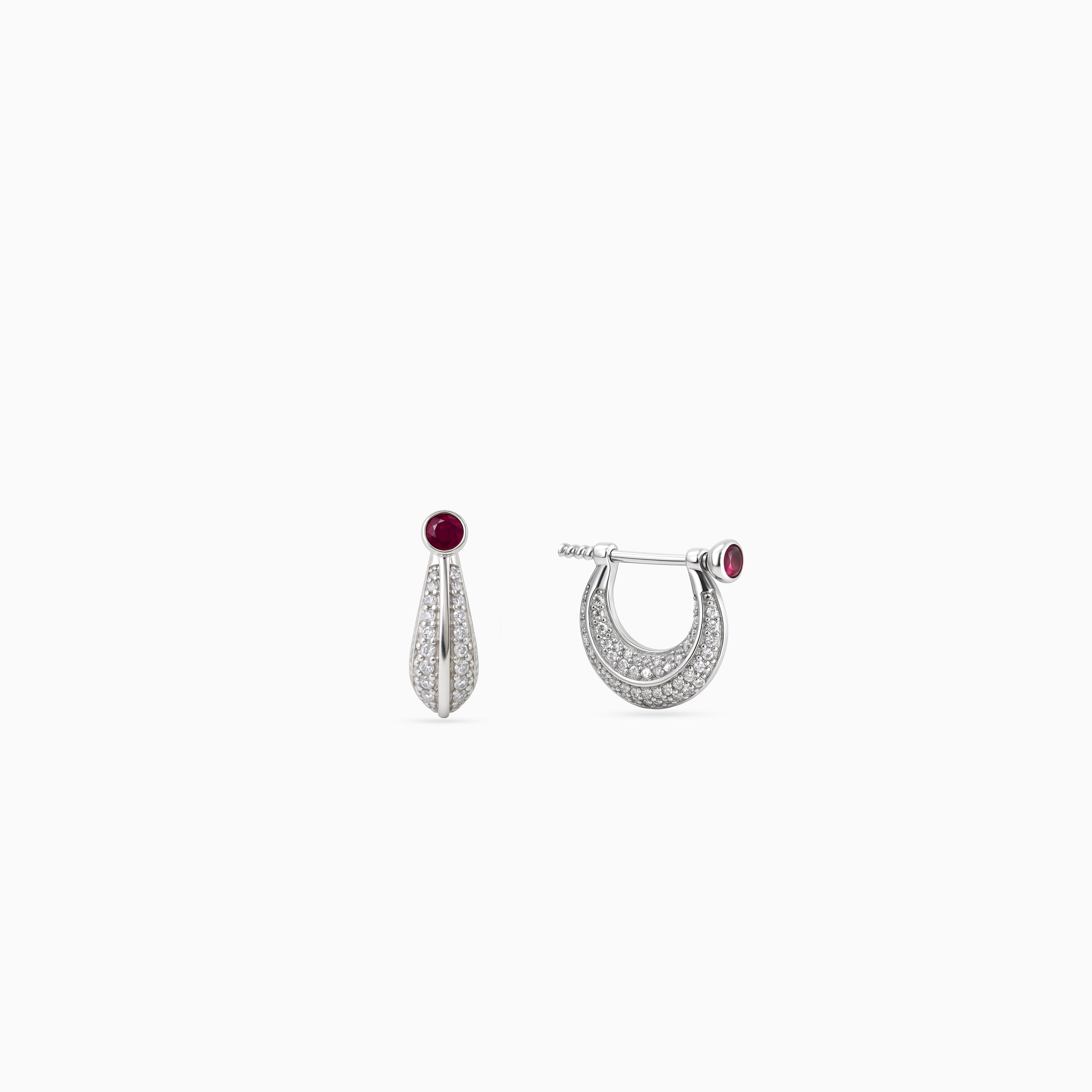 Silver Ruby Teardrop Pavé Huggies