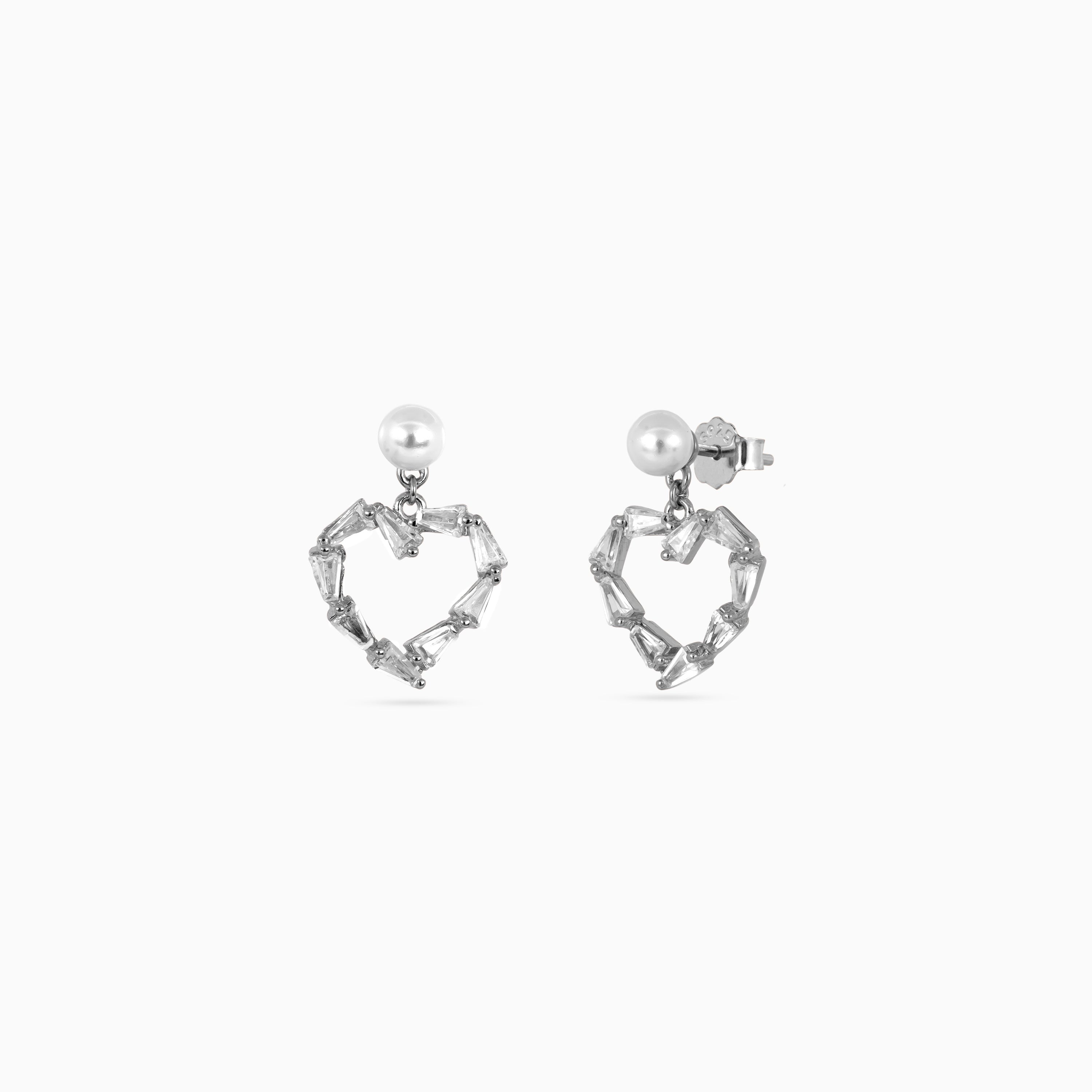 Silver Pearl Heart Baguette Drops