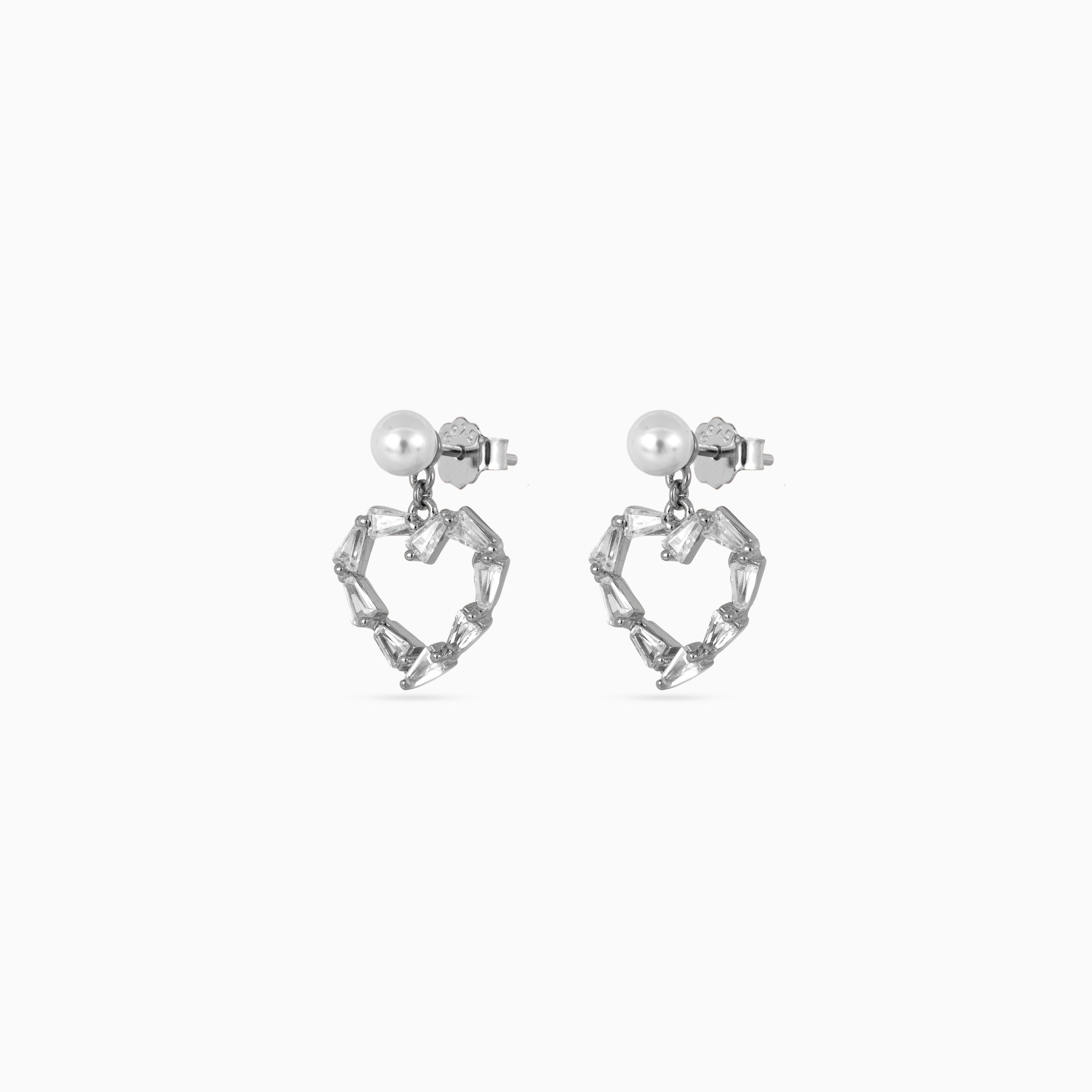 Silver Pearl Heart Baguette Drops