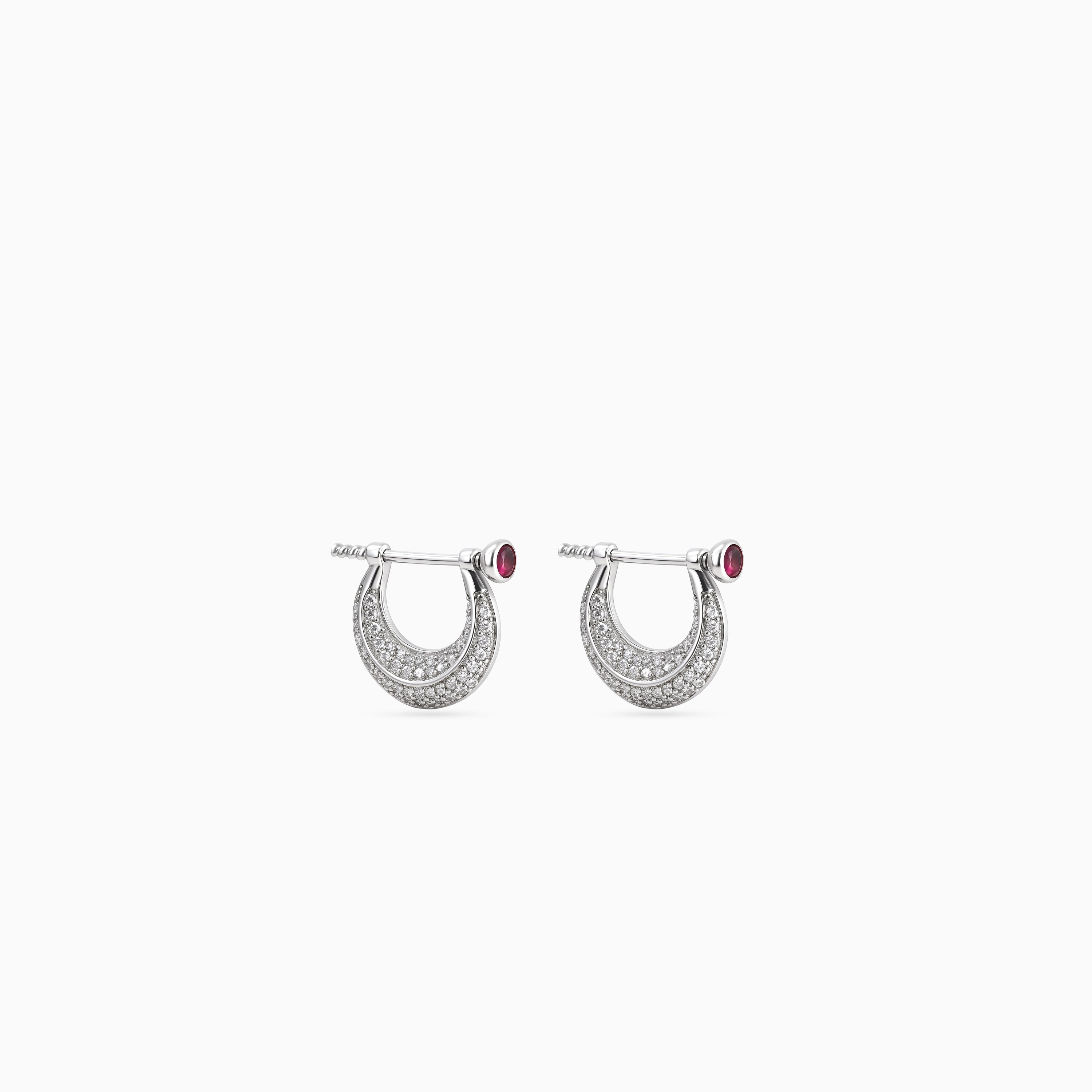 Silver Ruby Teardrop Pavé Huggies