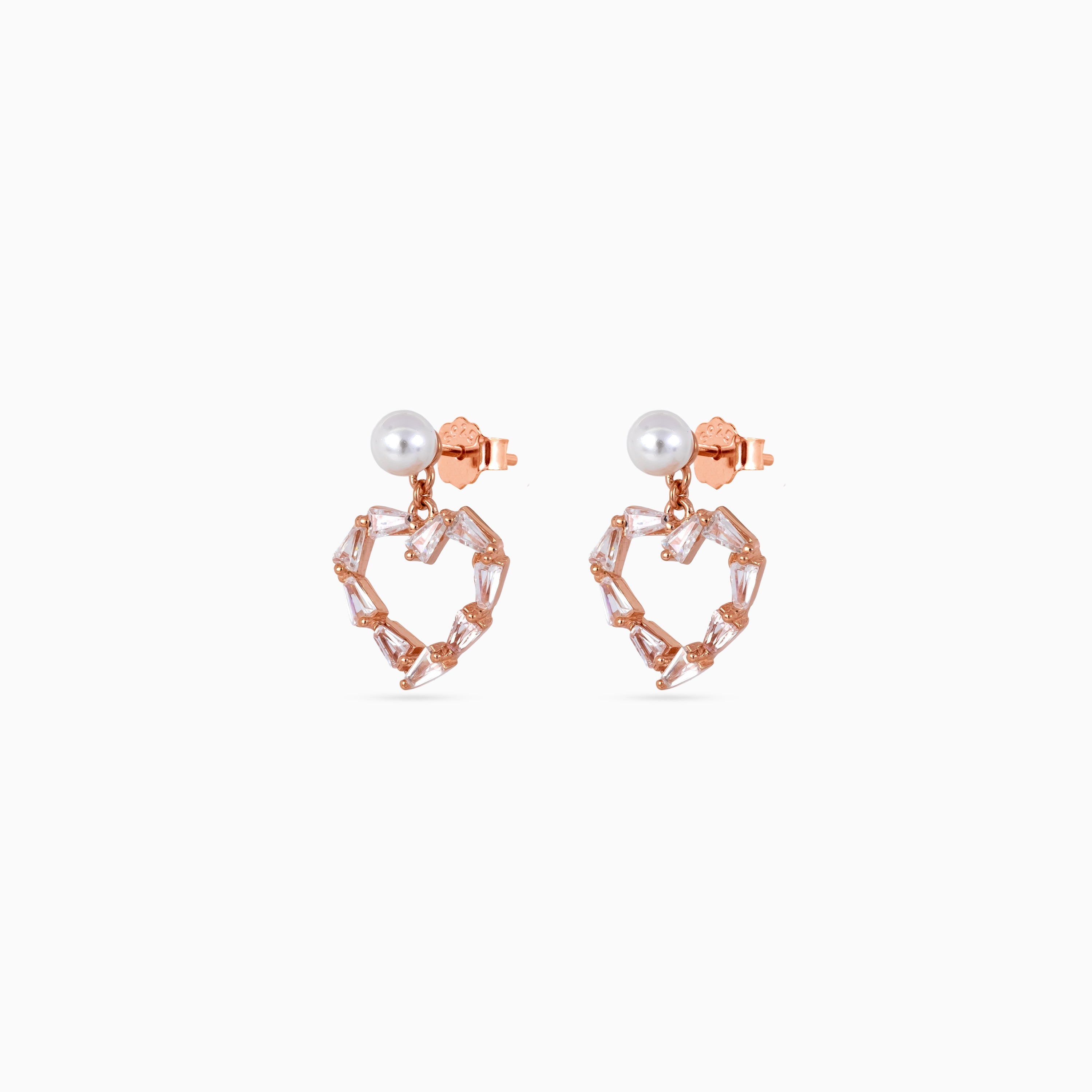 Rose gold Pearl Heart Baguette Drops