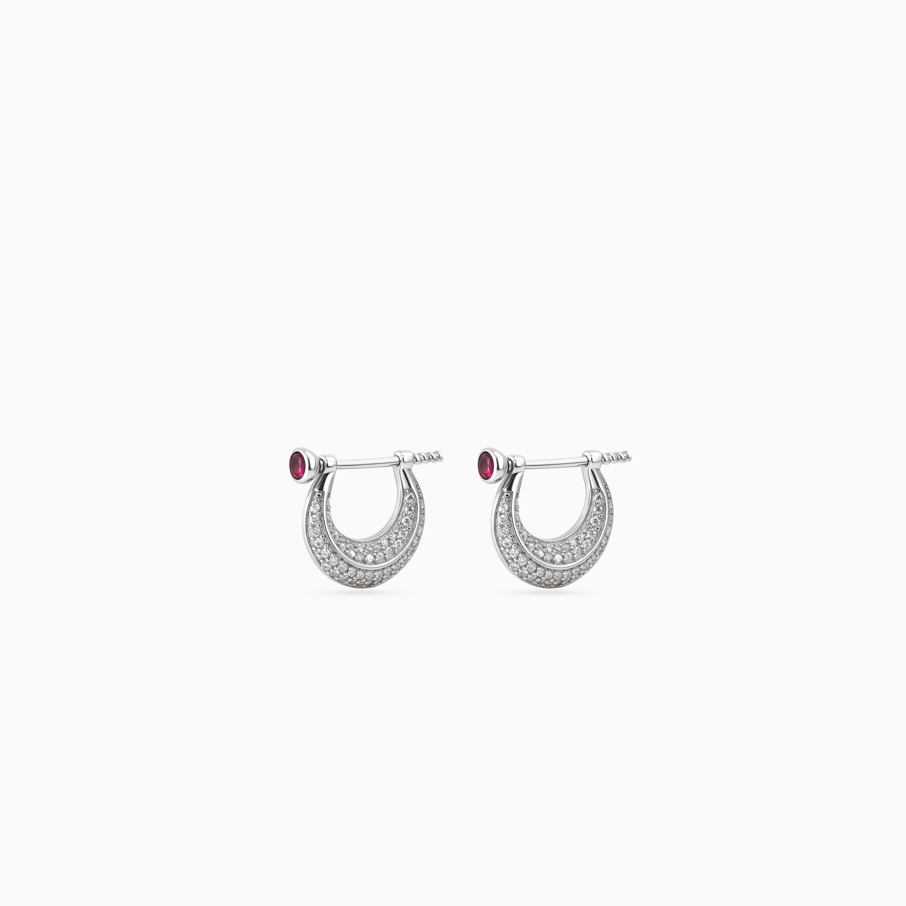 Silver Ruby Teardrop Pavé Huggies