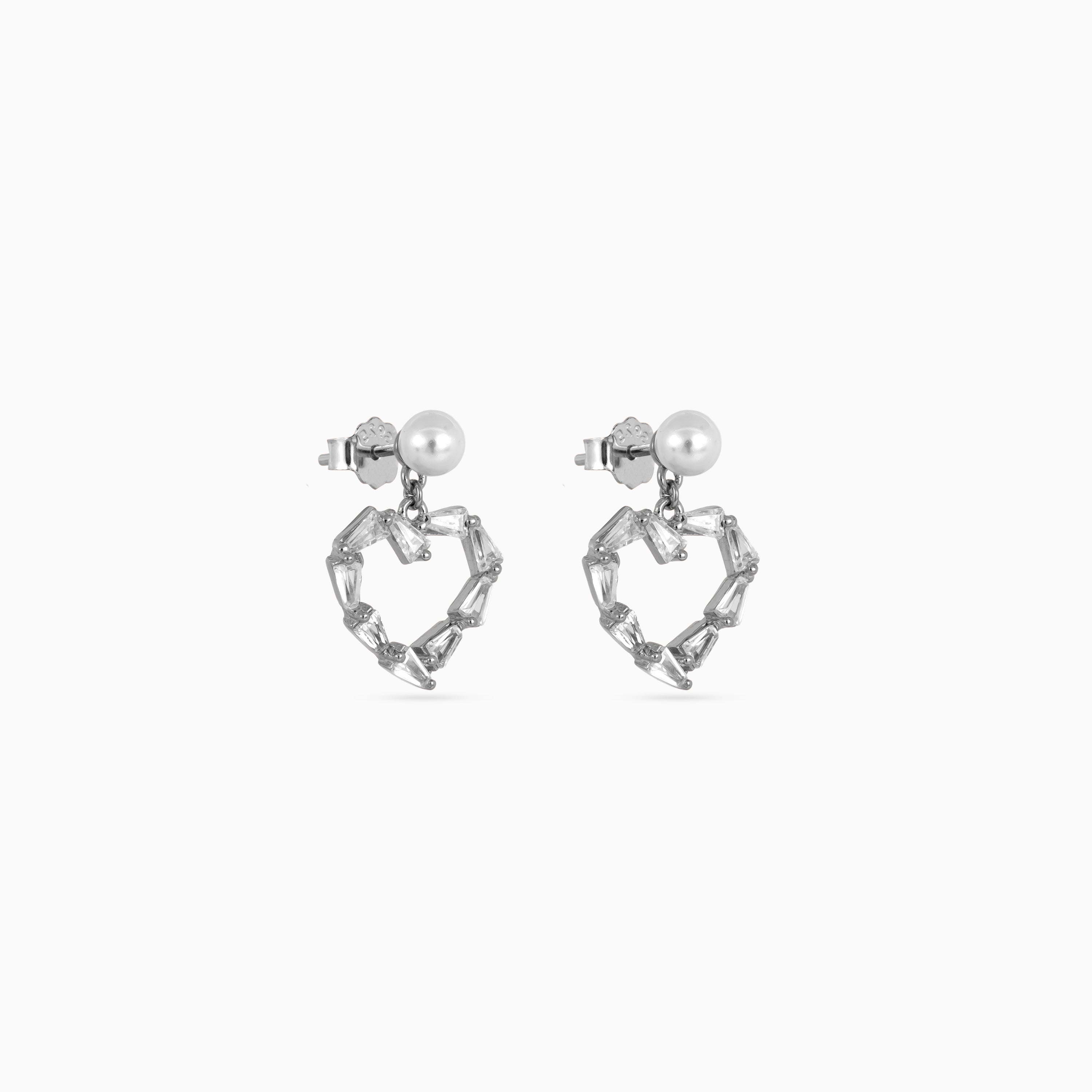 Silver Pearl Heart Baguette Drops