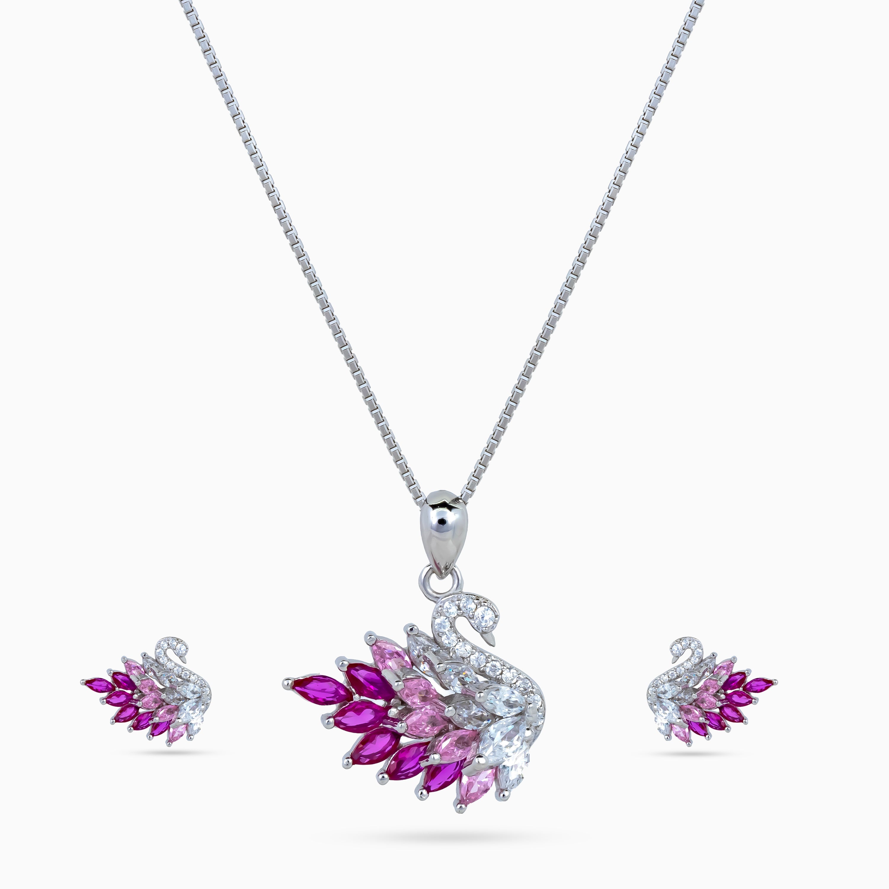 925 sterling silver, rhodium, Fuchsia Plume Swan Pendant Set pendant set, (Swan Reverie)