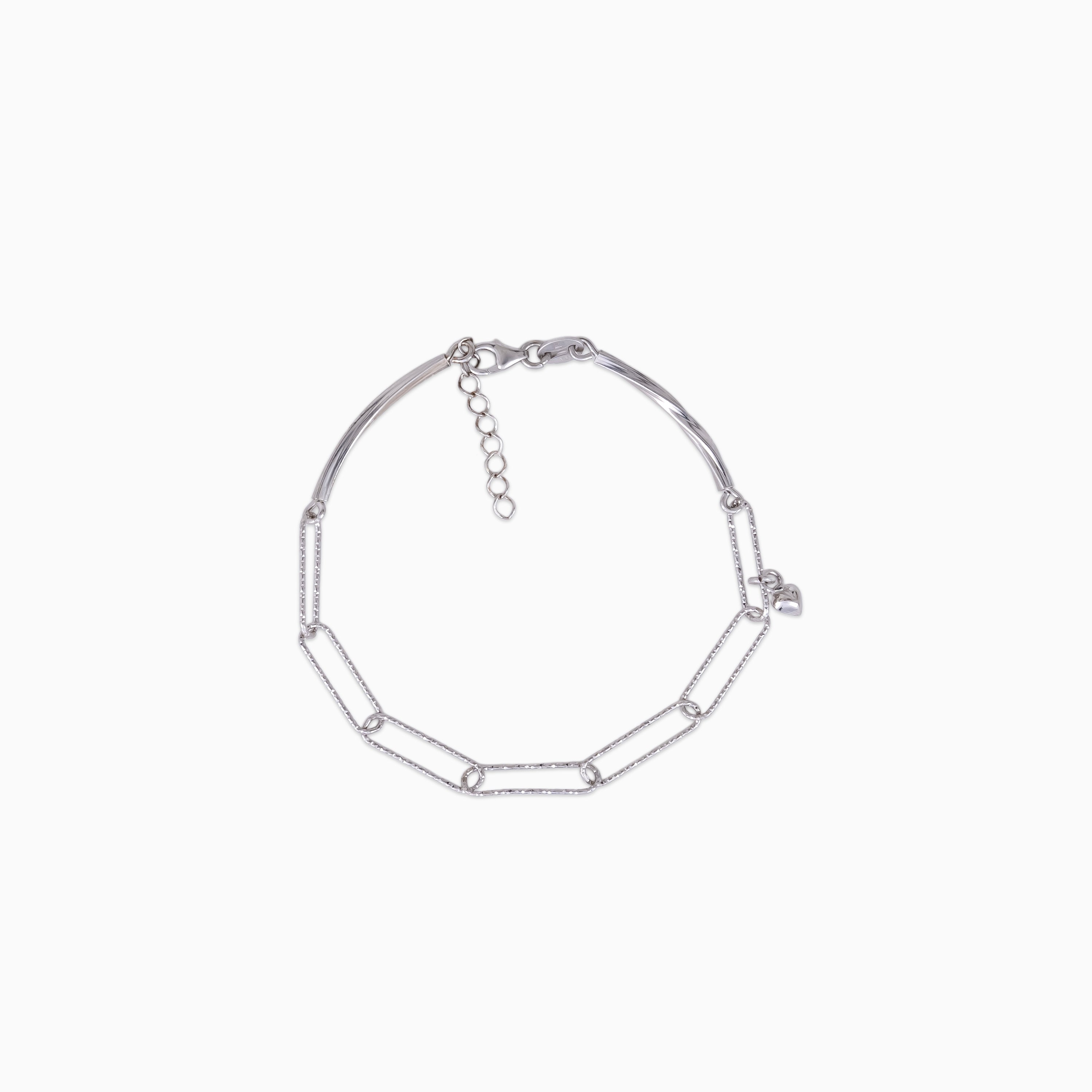 925 sterling silver, rhodium, Paperclip Heart Charm Bracelet bracelet (Heartline), 16 cm
