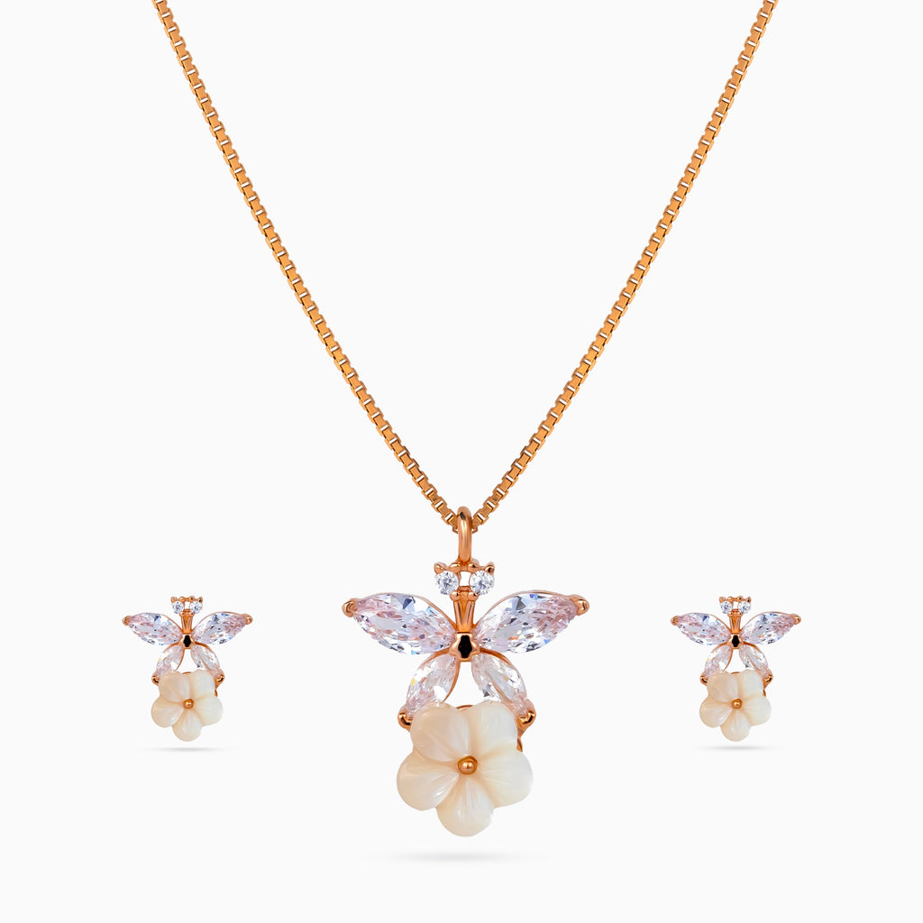 925 sterling silver, rose gold, Crystal Wing Blossom Pendant Set pendant set, (Secret Garden)