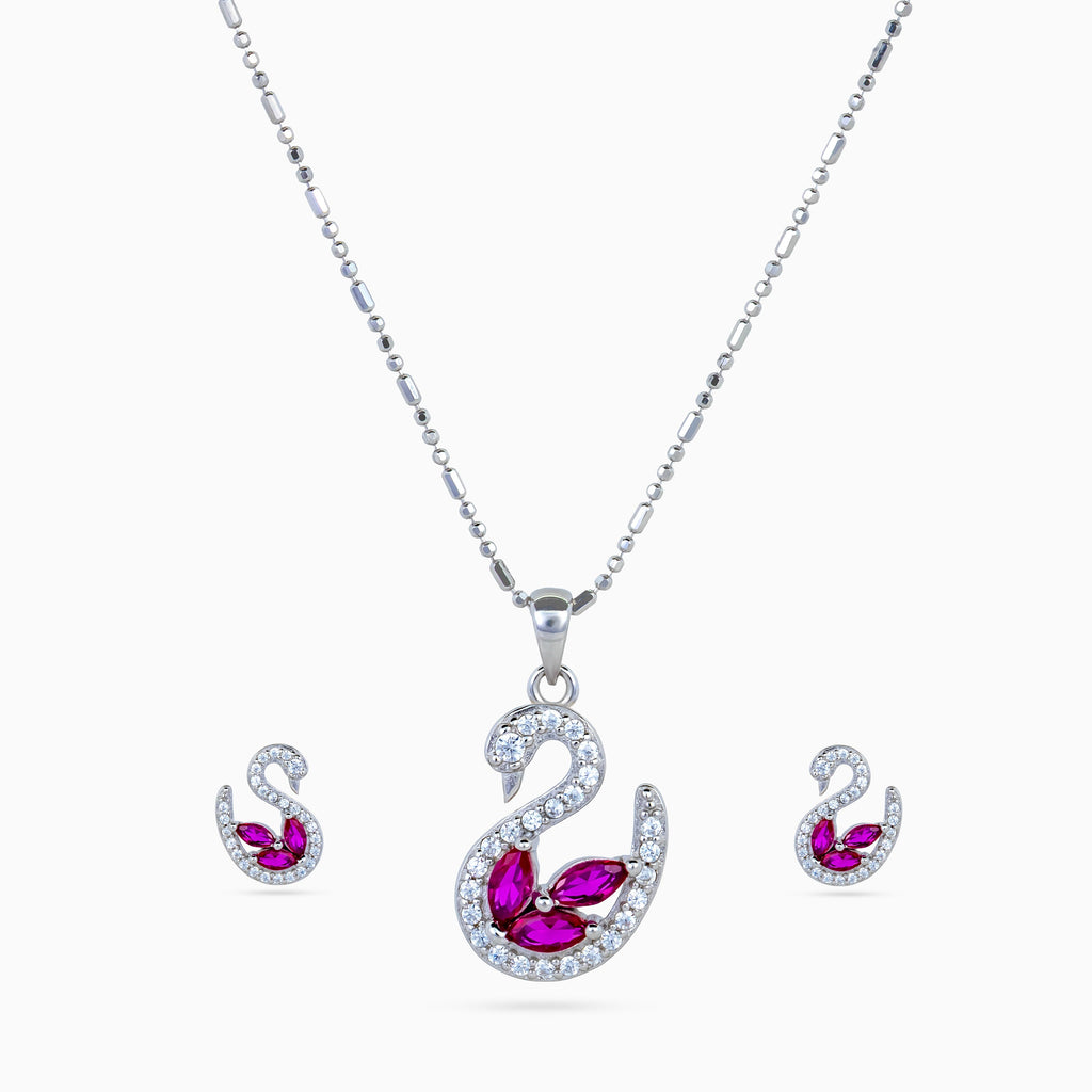 925 sterling silver, rhodium, Ruby Wing Swan Pendant Set pendant set, (Swan Reverie)