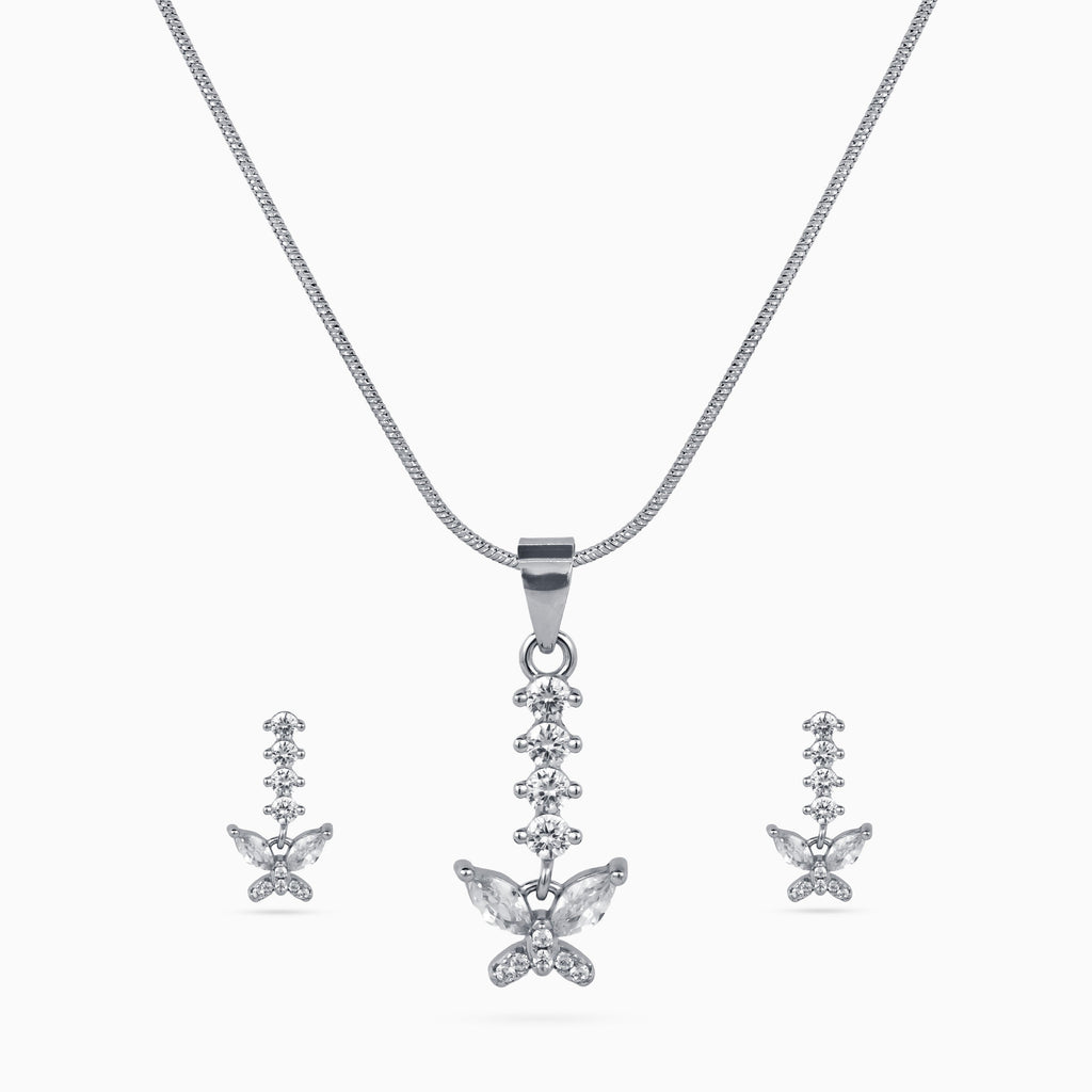 925 sterling silver, rhodium, Crystal Papillon Drop Pendant Set pendant set, (Papillon)