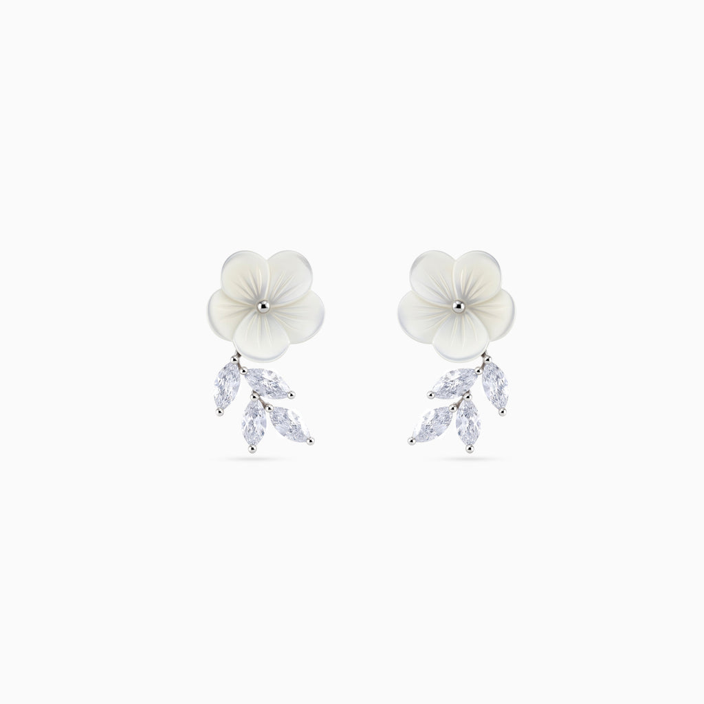 925 silver ivory flower leaf drop earrings, rhodium, marquise CZ, 2 × 1 cm
