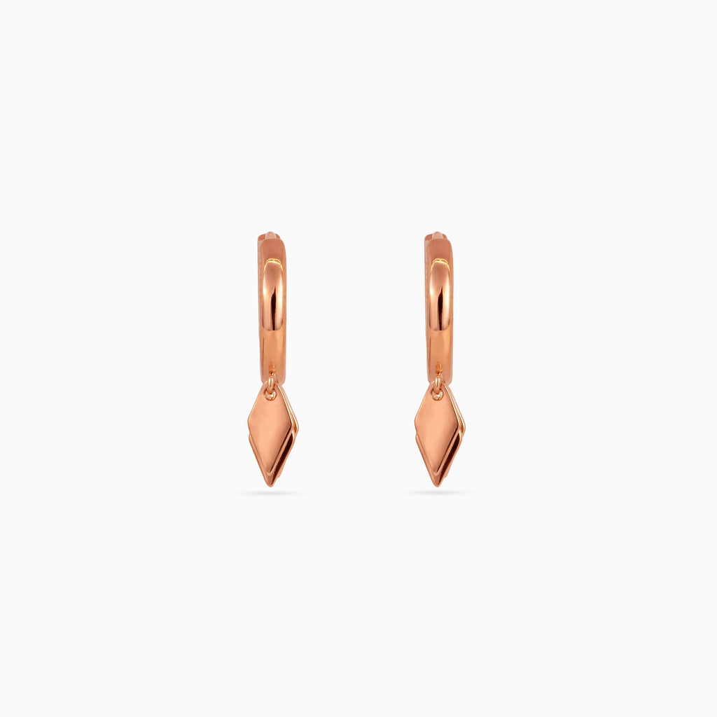 925 rose gold huggie hoop earrings with kite charms, 2 × 1.5 cm. Golden Hoops.