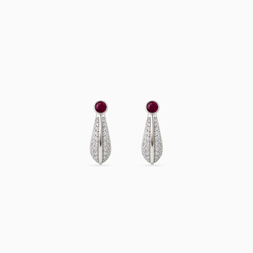 925 silver ruby teardrop pavé huggies, cabochon top, 1.2 × 1.5 cm