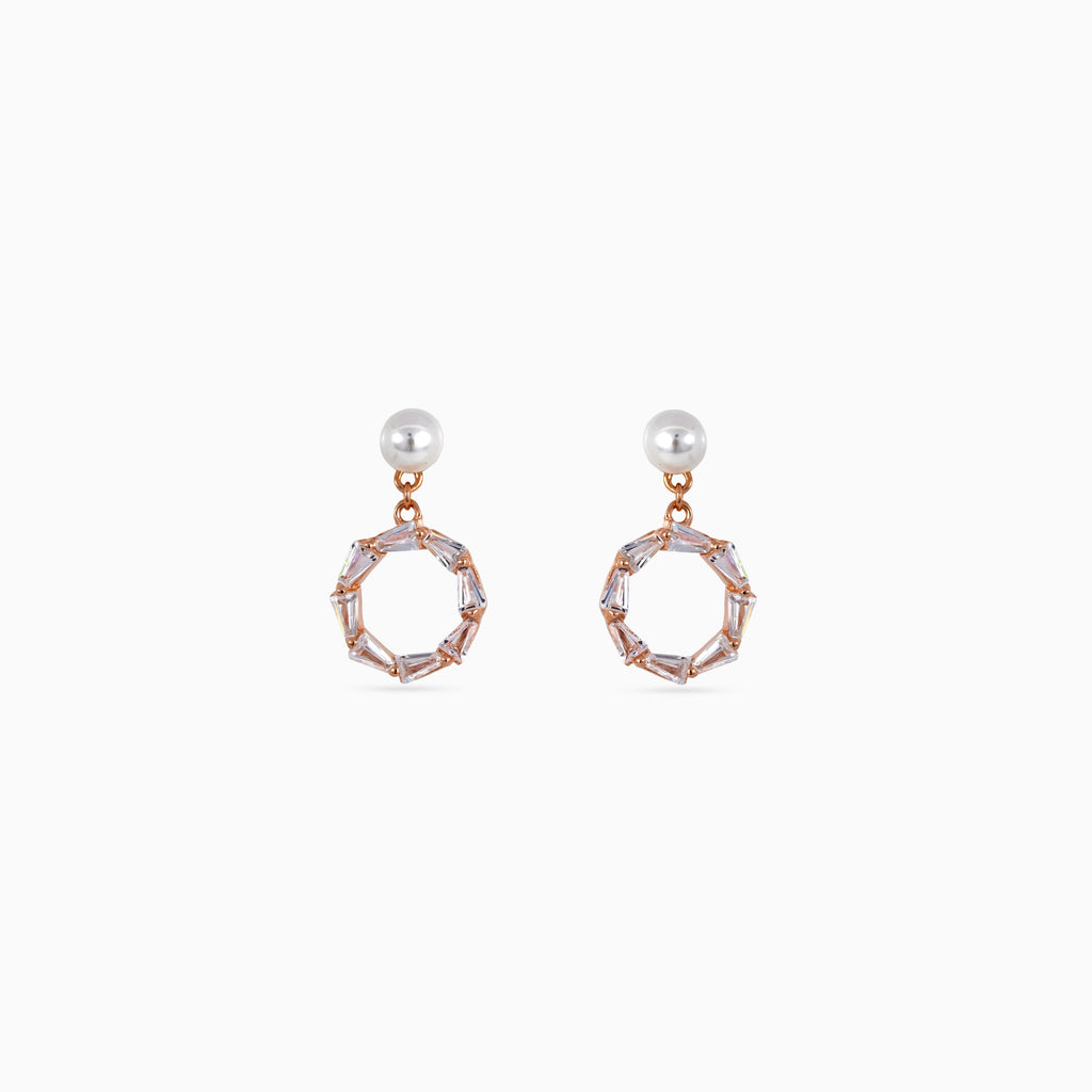 925 rose gold pearl octagon drop studs, baguette CZ, 1.5 × 1 cm