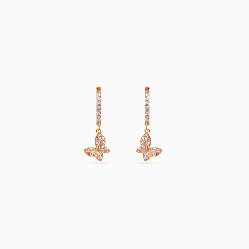 925 rose gold butterfly huggie drop earrings, pavé CZ, 2.5 × 1.5 cm