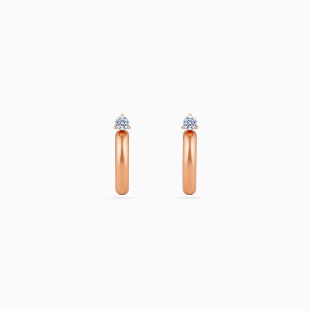 925 rose gold dome huggie hoops, round CZ solitaire, 2 × 1 cm