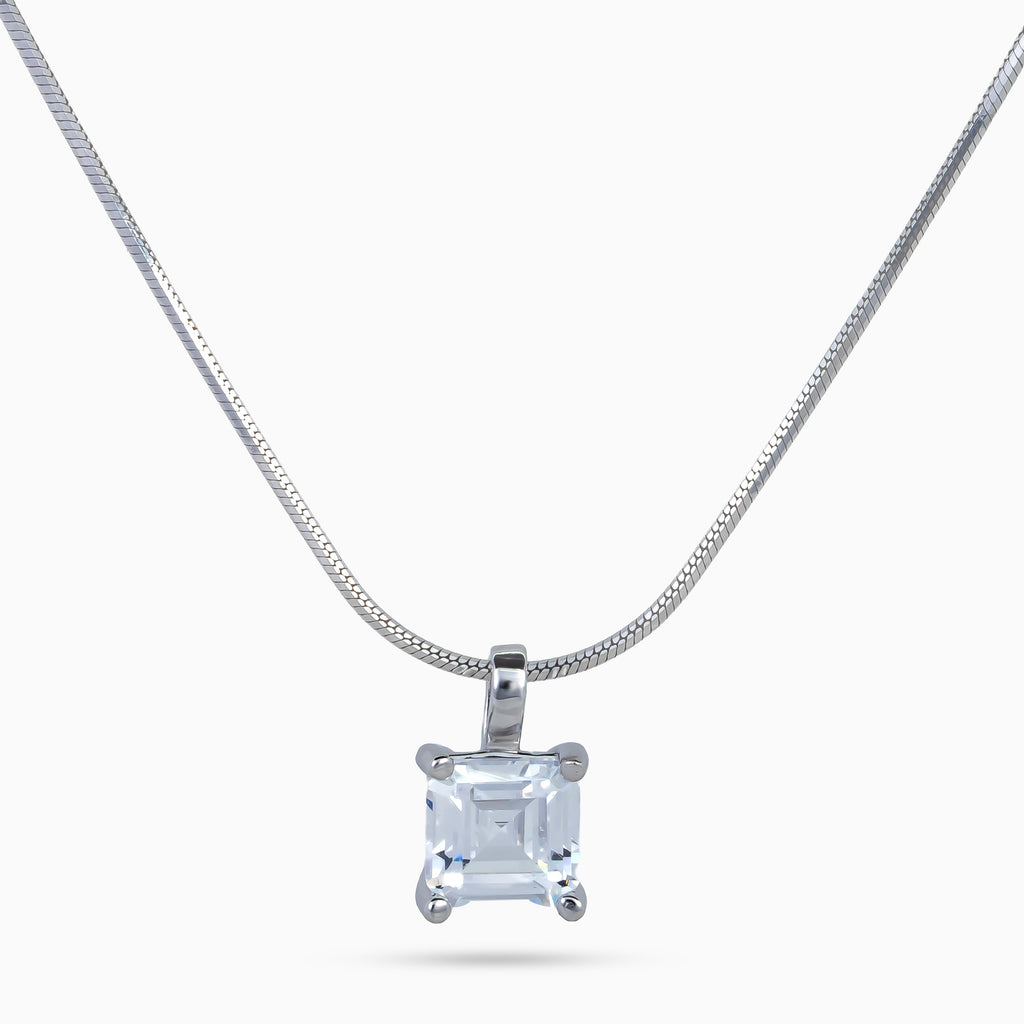 925 sterling silver, rhodium, Silver Asscher Prism Necklace, (Prism Solitaire), 0.75x0.4 cm, 45 cm chain