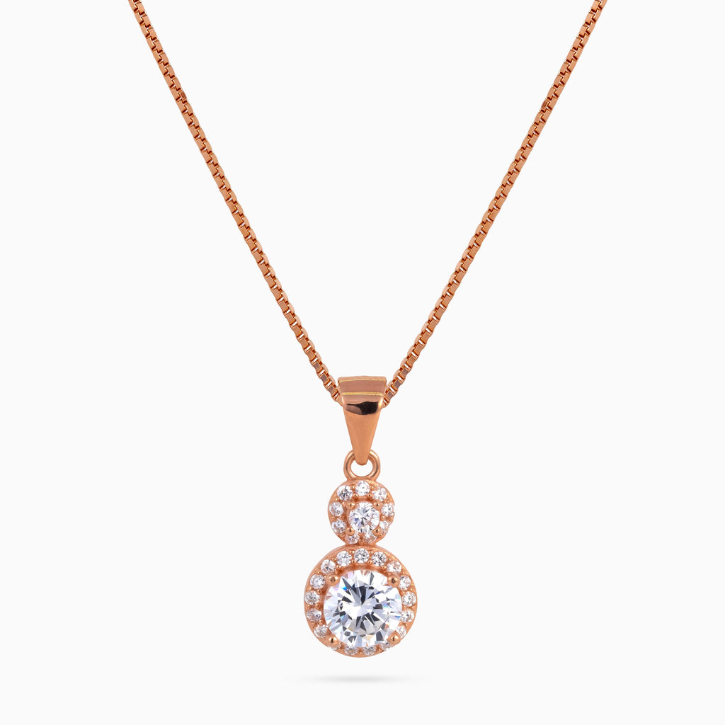 925 sterling silver, rose gold, Double Halo Droplet Necklace, (Evening Sway), 2x1 cm, 45 cm chain