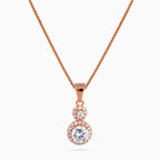 925 sterling silver, rose gold, Double Halo Droplet Necklace, (Evening Sway), 2x1 cm, 45 cm chain