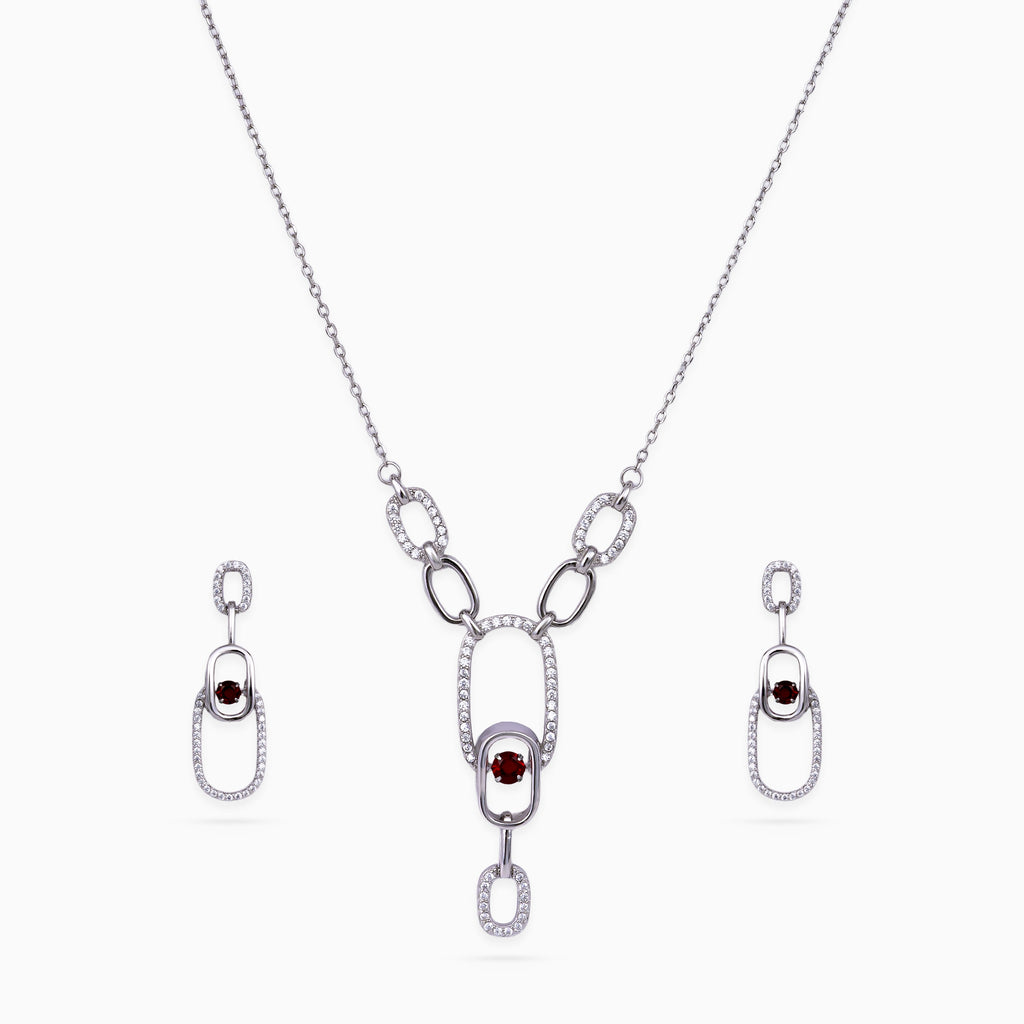 Pendant Set, Necklace Set, Rhodium, 925 sterling silver, Cubic zirconia, Garnet red, Oval links, Modern, Wedding jewelry, Matching earrings