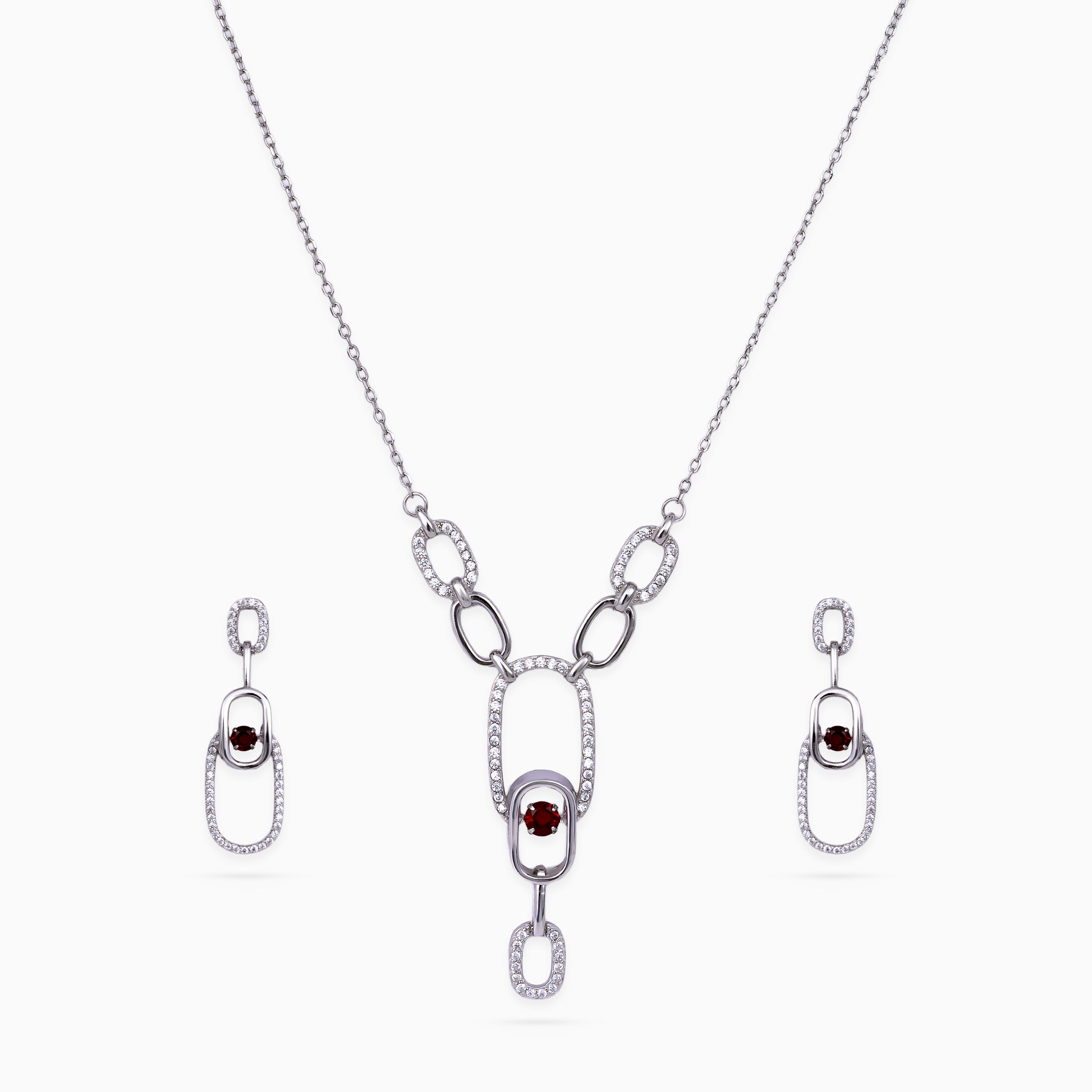 Pendant Set, Necklace Set, Rhodium, 925 sterling silver, Cubic zirconia, Garnet red, Oval links, Modern, Wedding jewelry, Matching earrings