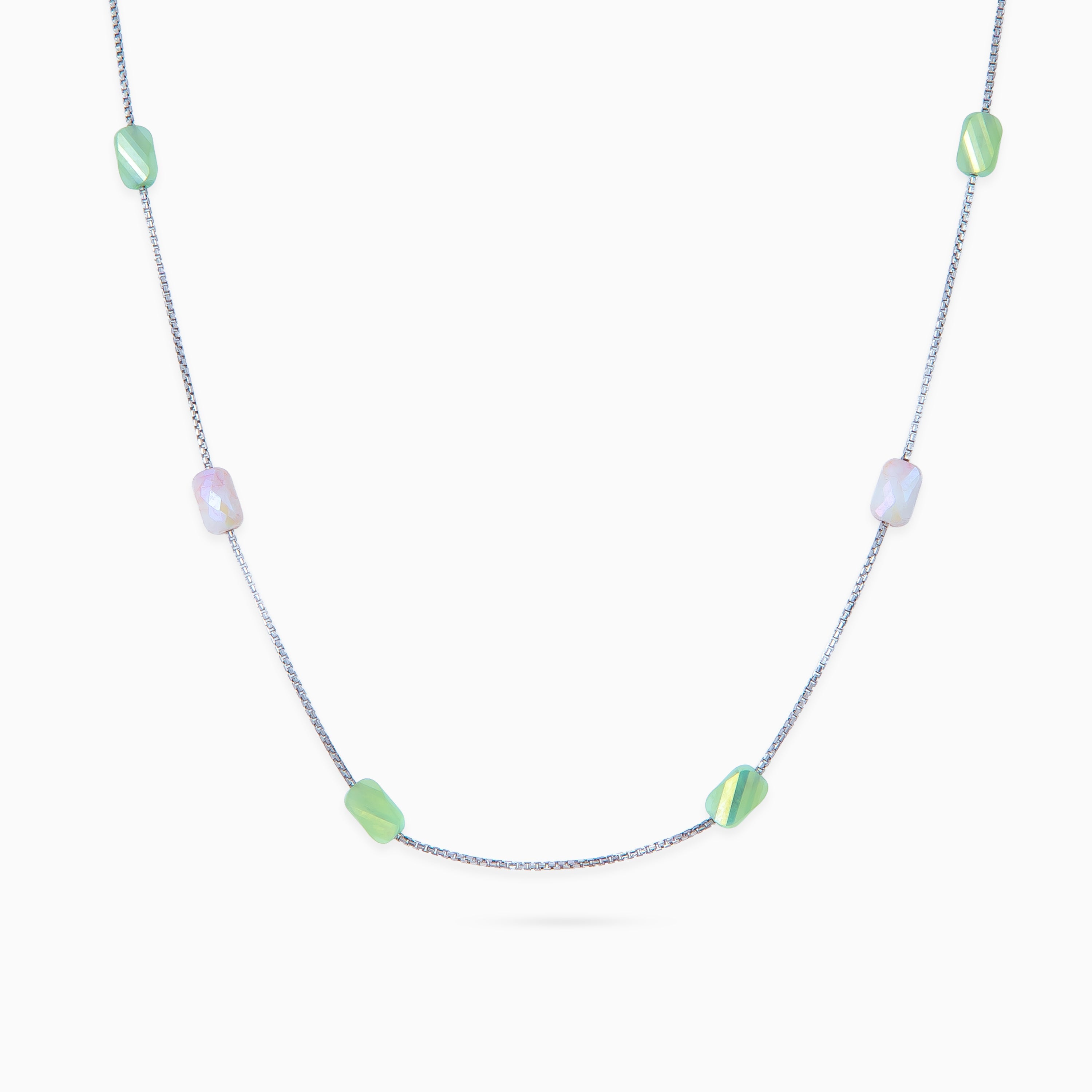 women’s 925 silver bead station necklace, rhodium finish, mint and opaline bead accents, 40 cm