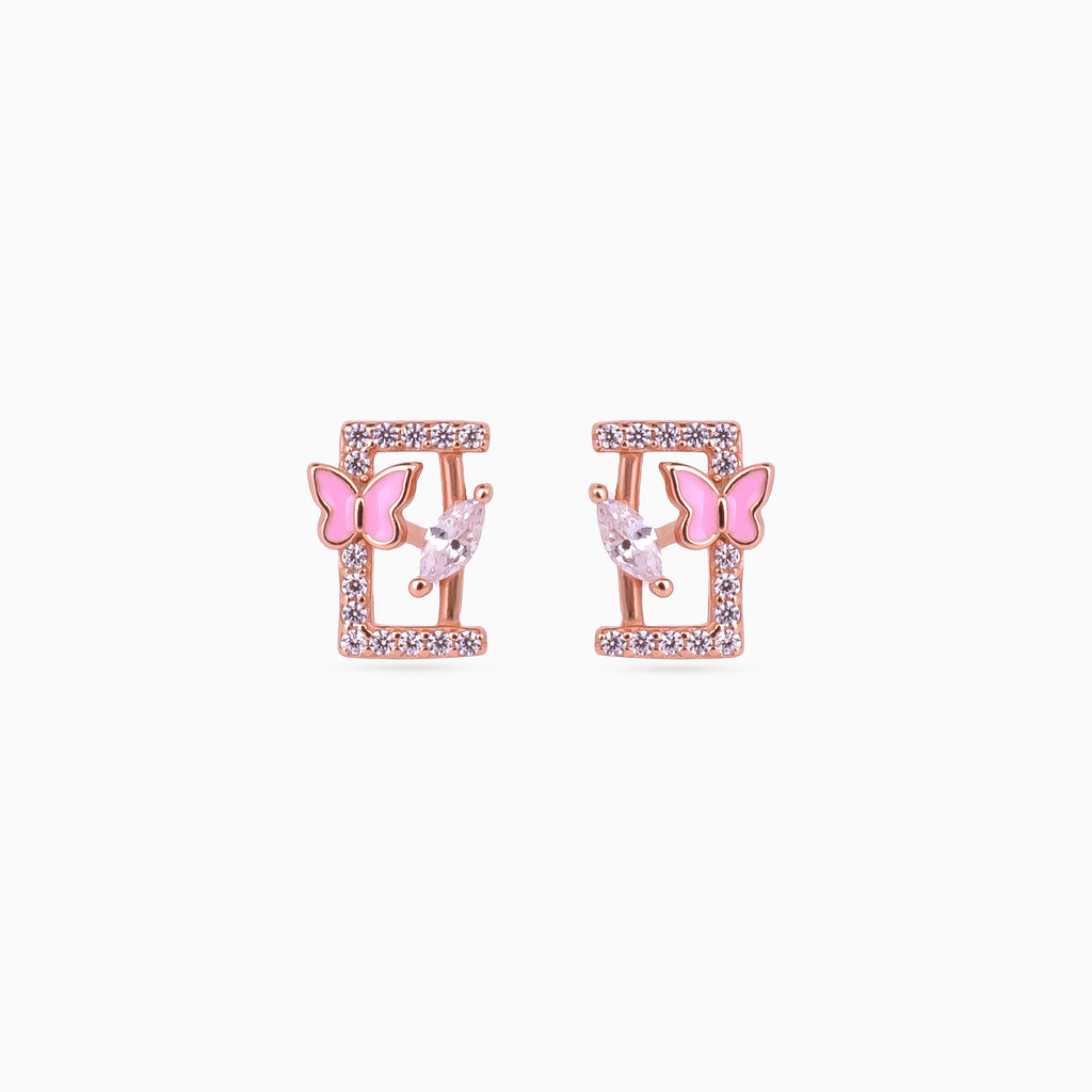 925 rose gold butterfly studs, pink enamel rectangle, pavé and marquise zirconia, 1 × 0.5 cm