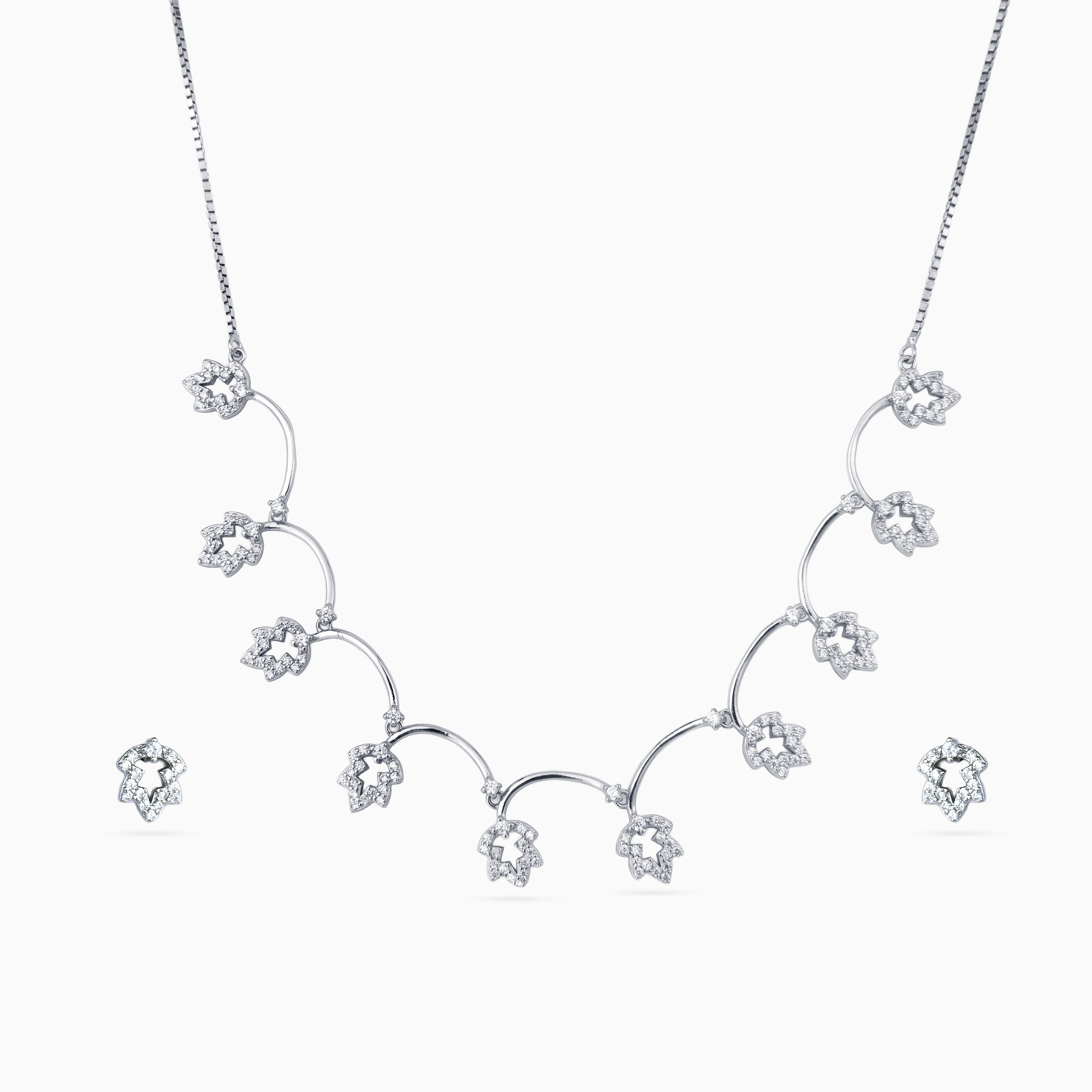 Pendant Set, Necklace Set, Rhodium, 925 sterling silver, Cubic zirconia, Star floral, Delicate, Festive wear, Matching studs