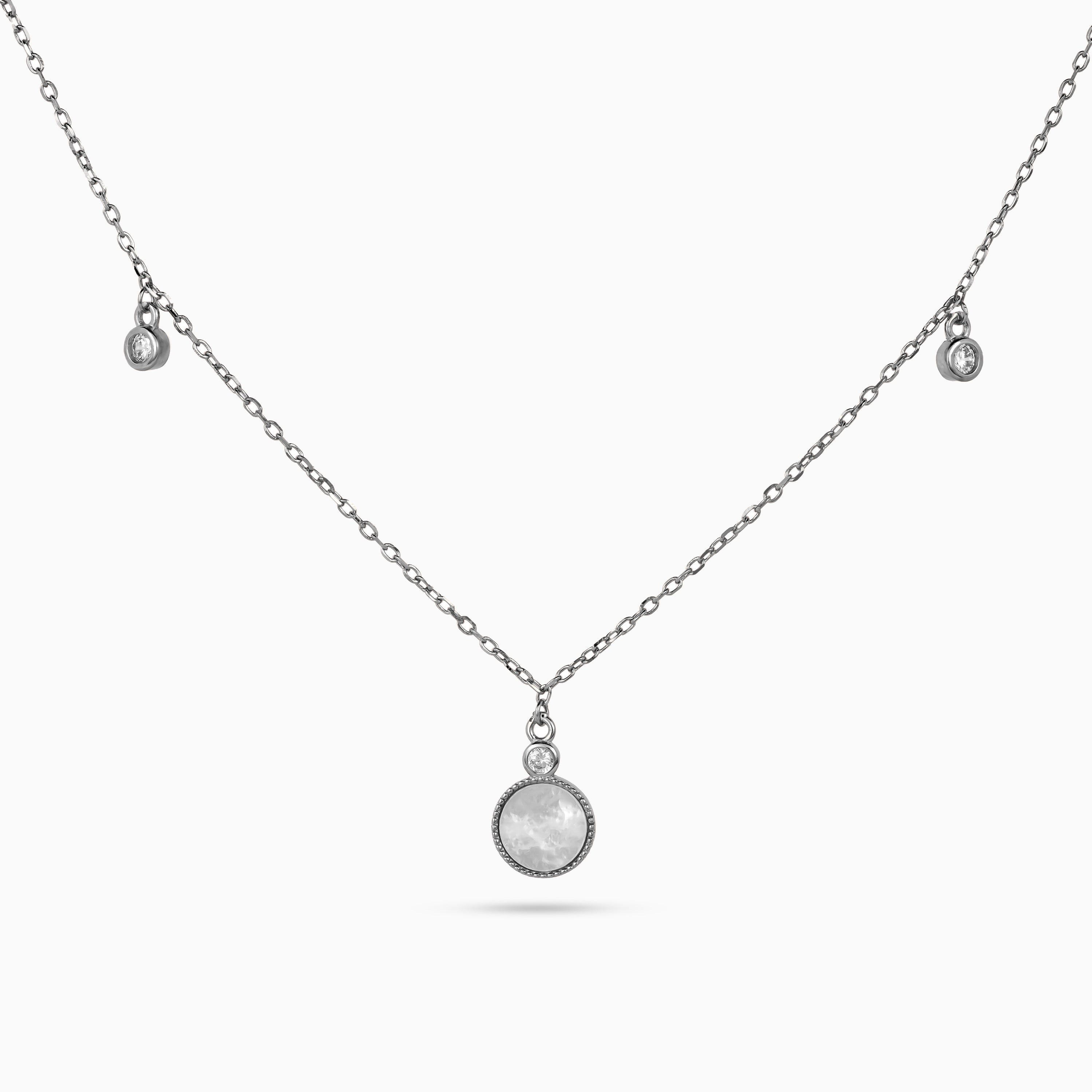 women’s 925 silver station necklace, rhodium finish, mother of pearl medallion with bezel CZ and two CZ drops, 46 cm + 4 cm adjustable