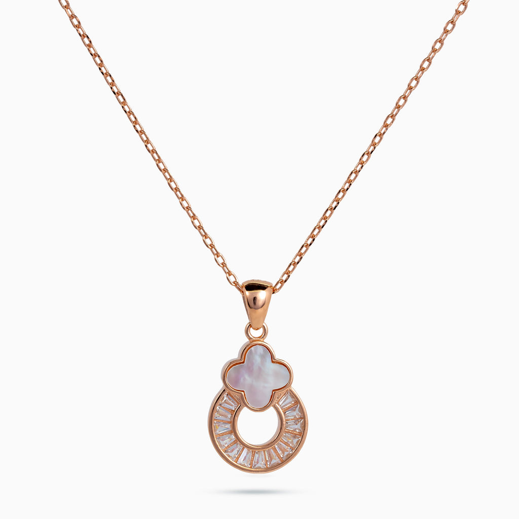 women’s 925 silver clover halo pendant necklace, rhodium finish, mother-of-pearl clover over baguette-set open halo, 46 cm + 5 cm adjustable