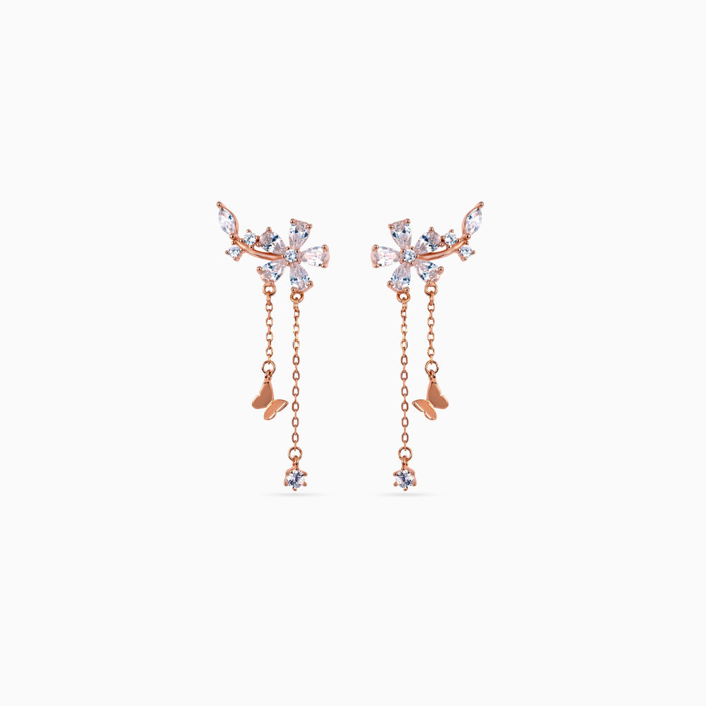 925 rose gold butterfly chain drop earrings, marquise CZ, twin chains, 3.5 × 2 cm
SEO Title: Butterfly Bloom 925 rose gold chain drops | TOKARSI India
