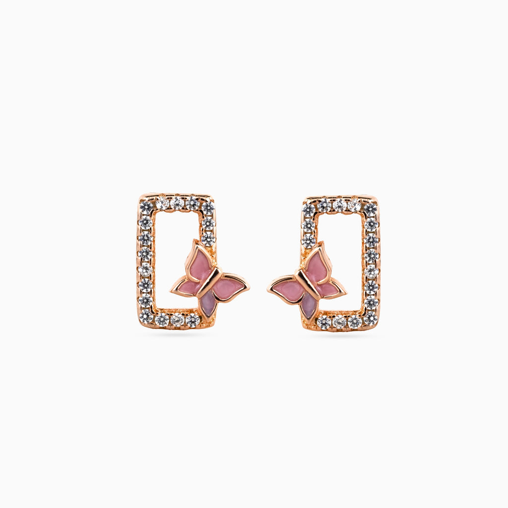 925 rose gold butterfly studs, pink enamel rectangle, pavé CZ, 1 cm
