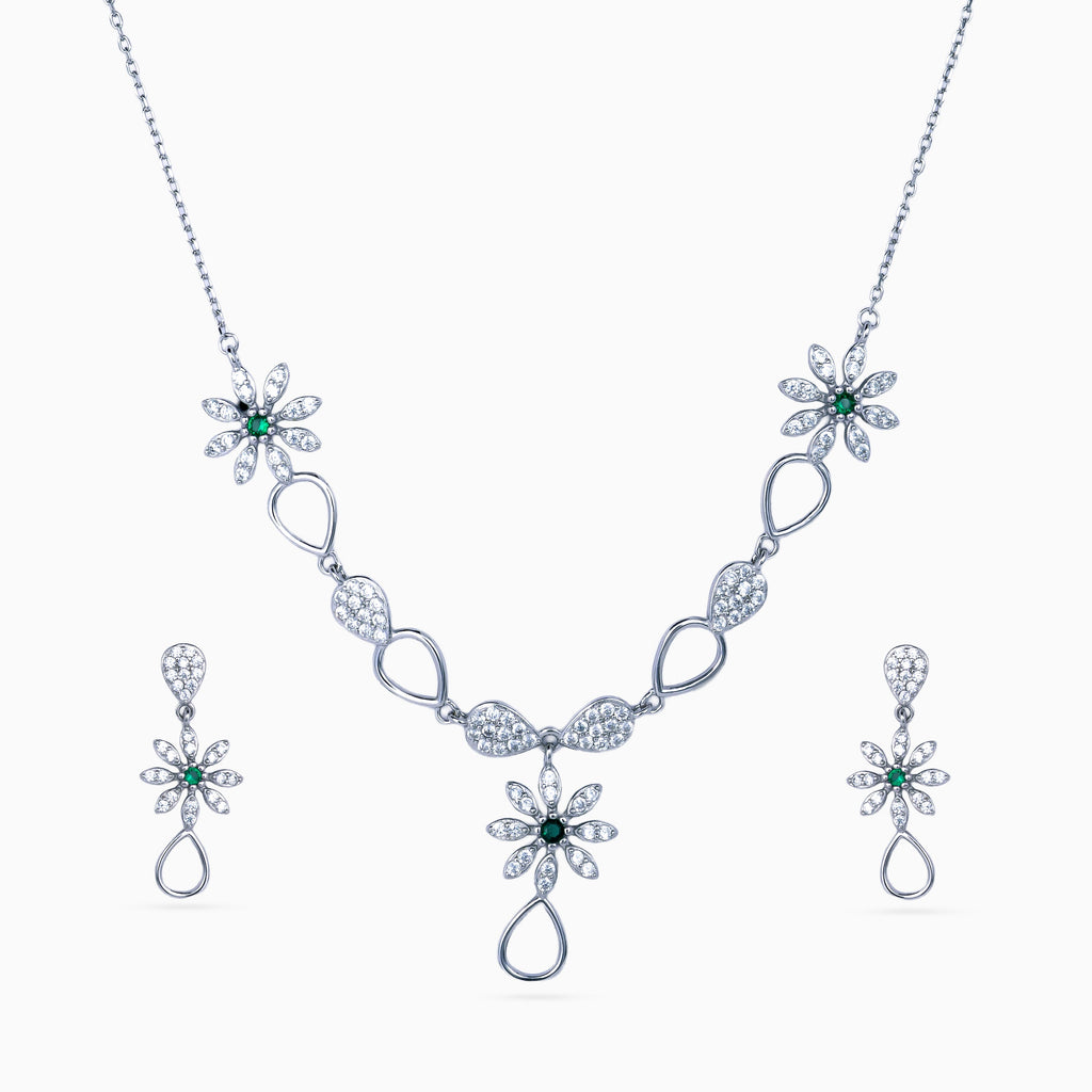 Pendant Set, Necklace Set, Rhodium, 925 sterling silver, Cubic zirconia, Emerald green, Floral, Teardrop, Wedding jewelry, Matching earrings