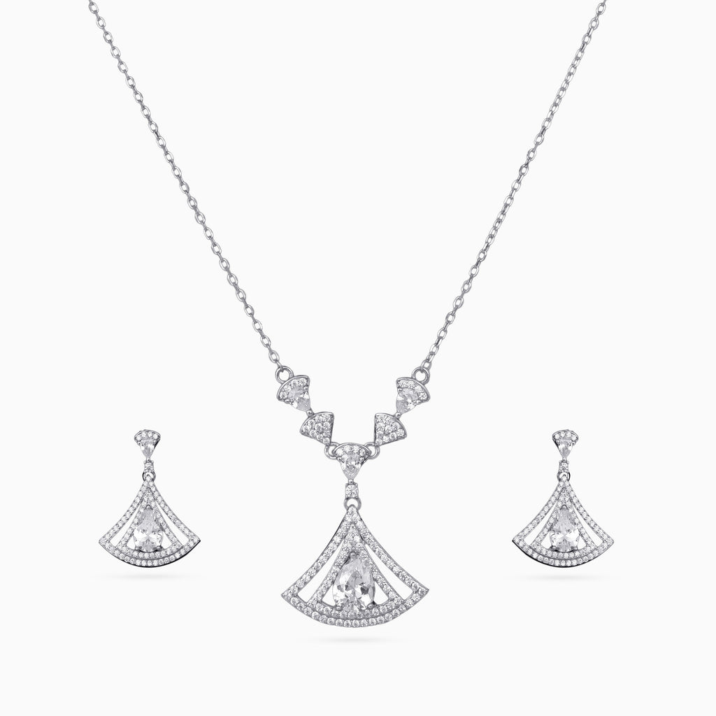 Pendant Set, Necklace Set, Rhodium, 925 sterling silver, Cubic zirconia, Art Deco, Fan motif, Wedding jewelry, Cocktail, Matching earrings
