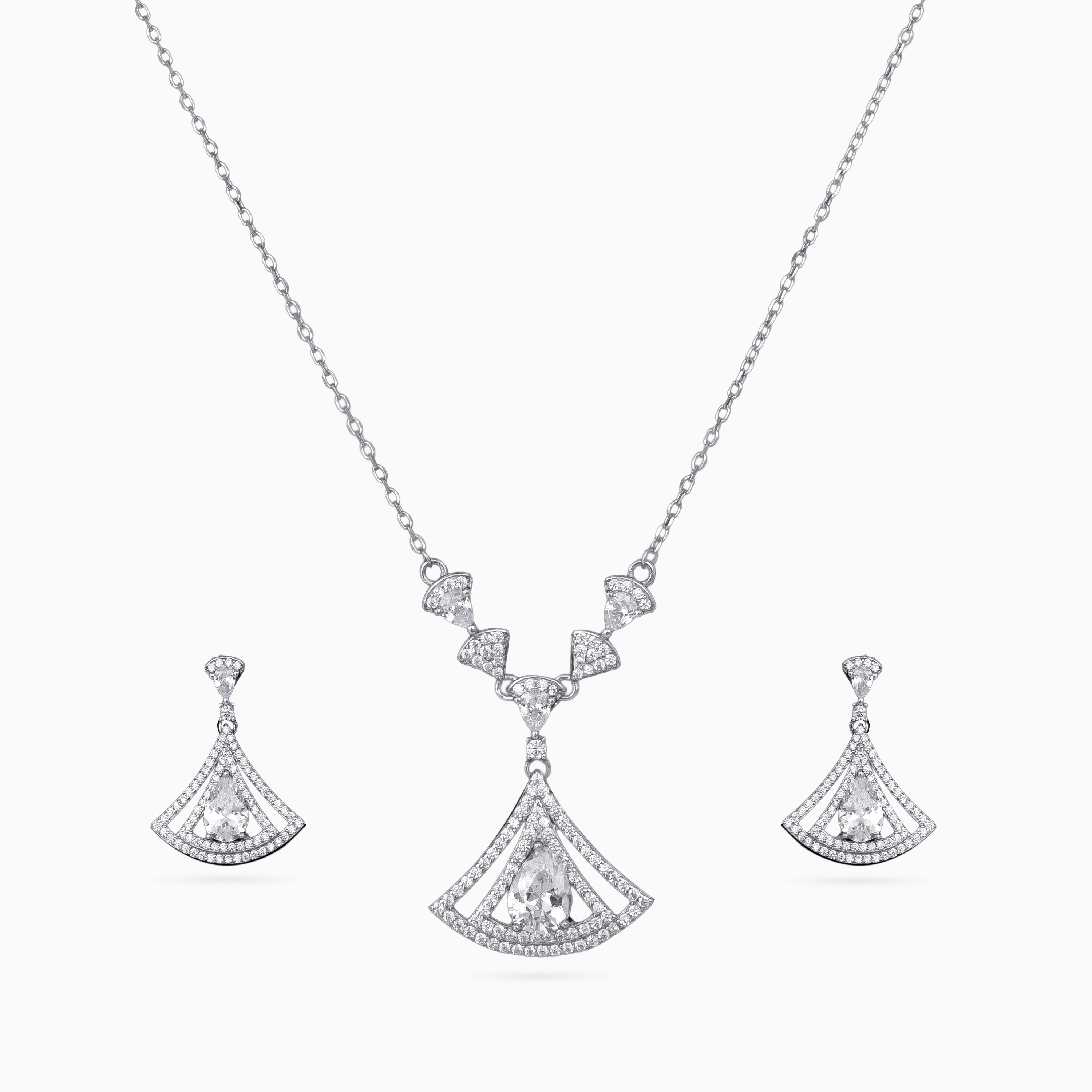 Pendant Set, Necklace Set, Rhodium, 925 sterling silver, Cubic zirconia, Art Deco, Fan motif, Wedding jewelry, Cocktail, Matching earrings