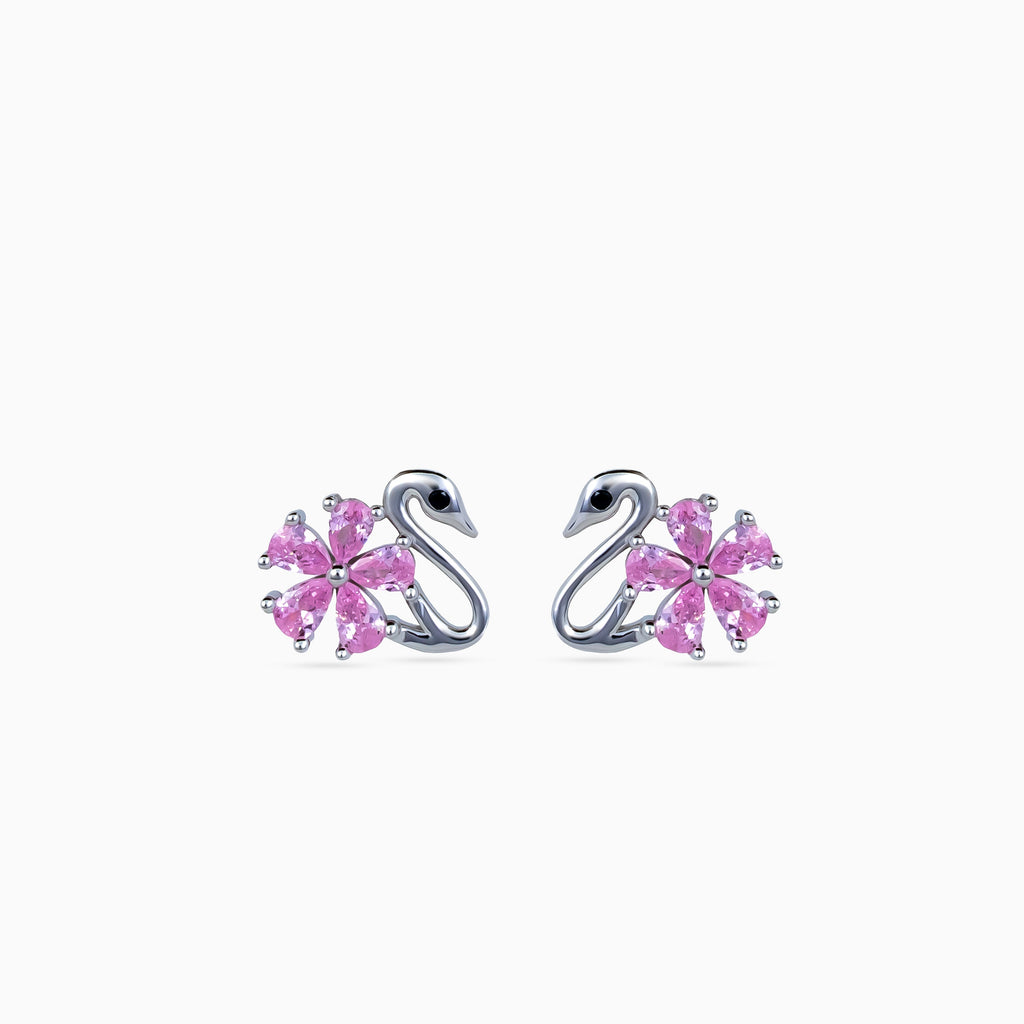 925 silver swan studs, rhodium, pink pear-cut crystal flower, 1 cm