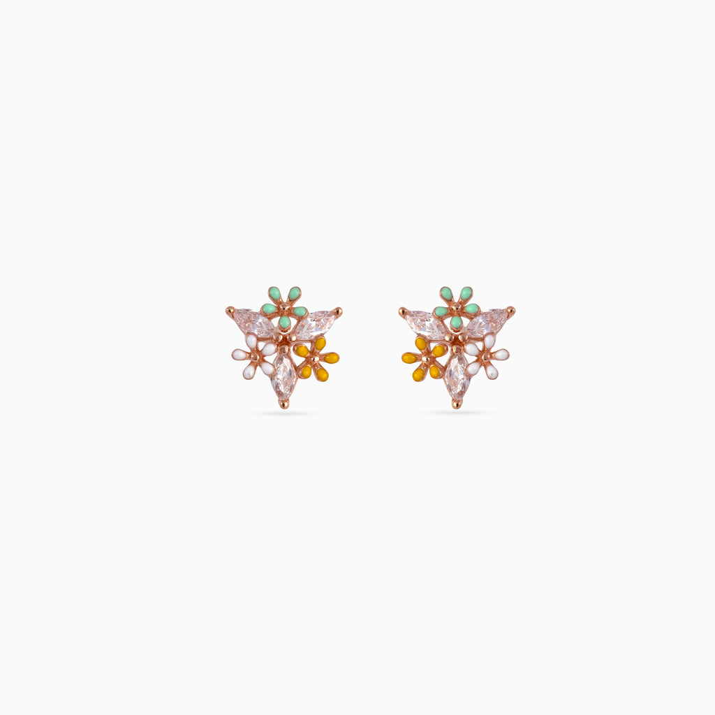 925 rose gold floral studs, marquise CZ with mint yellow white enamel, 1.1 cm