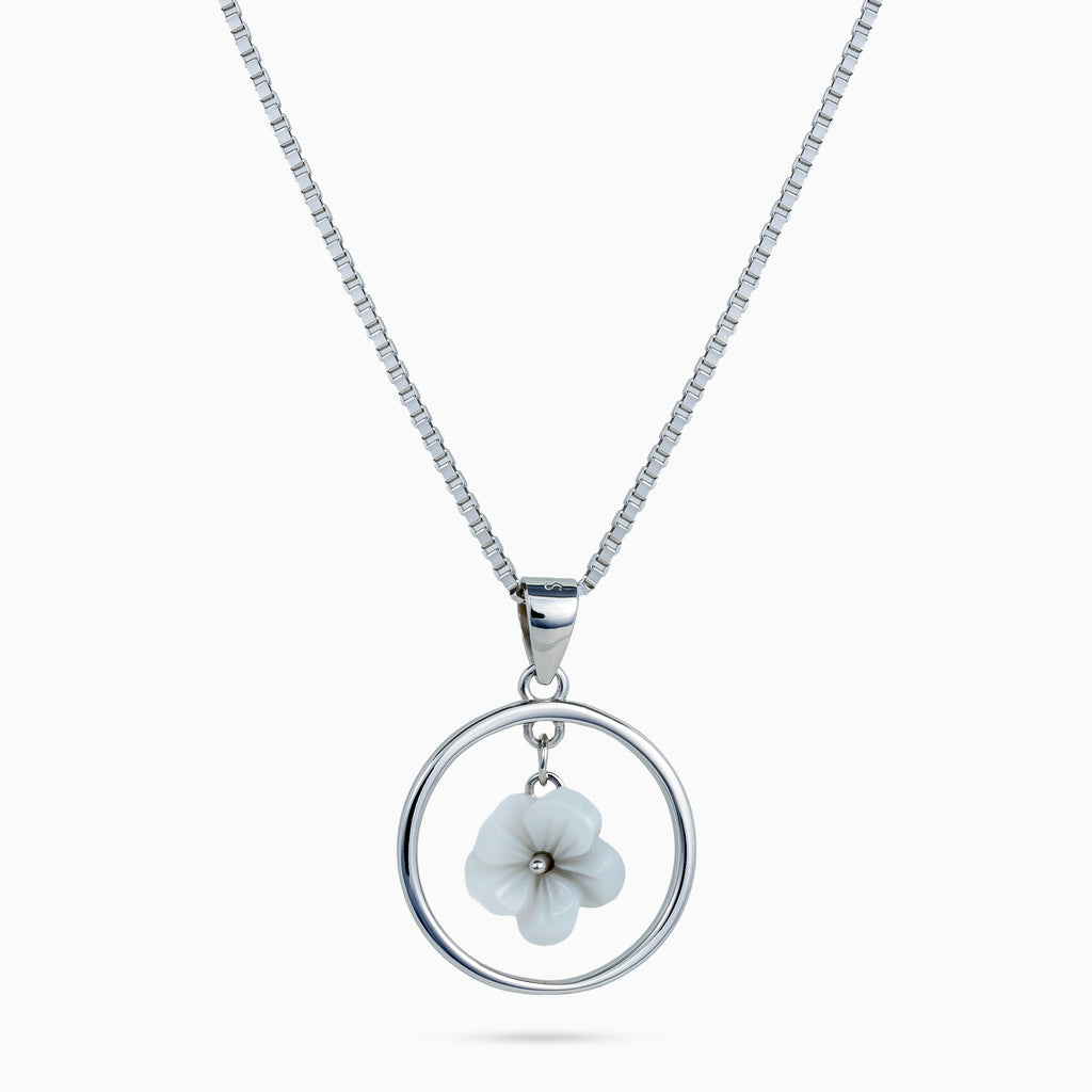 women’s 925 silver flower pendant necklace, rhodium finish, polished circle frame with white blossom, 40 cm + 4 cm adjustable