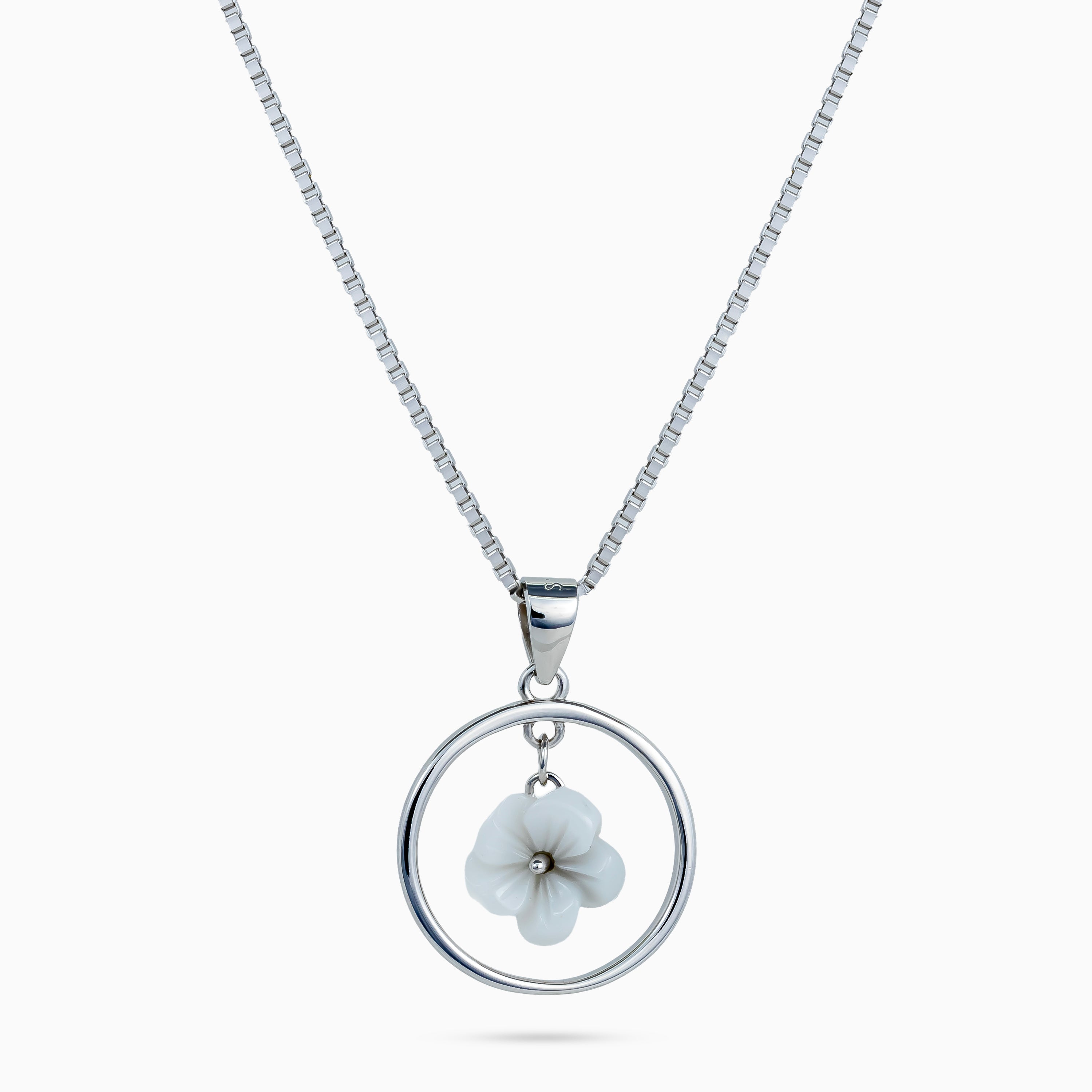 women’s 925 silver flower pendant necklace, rhodium finish, polished circle frame with white blossom, 40 cm + 4 cm adjustable