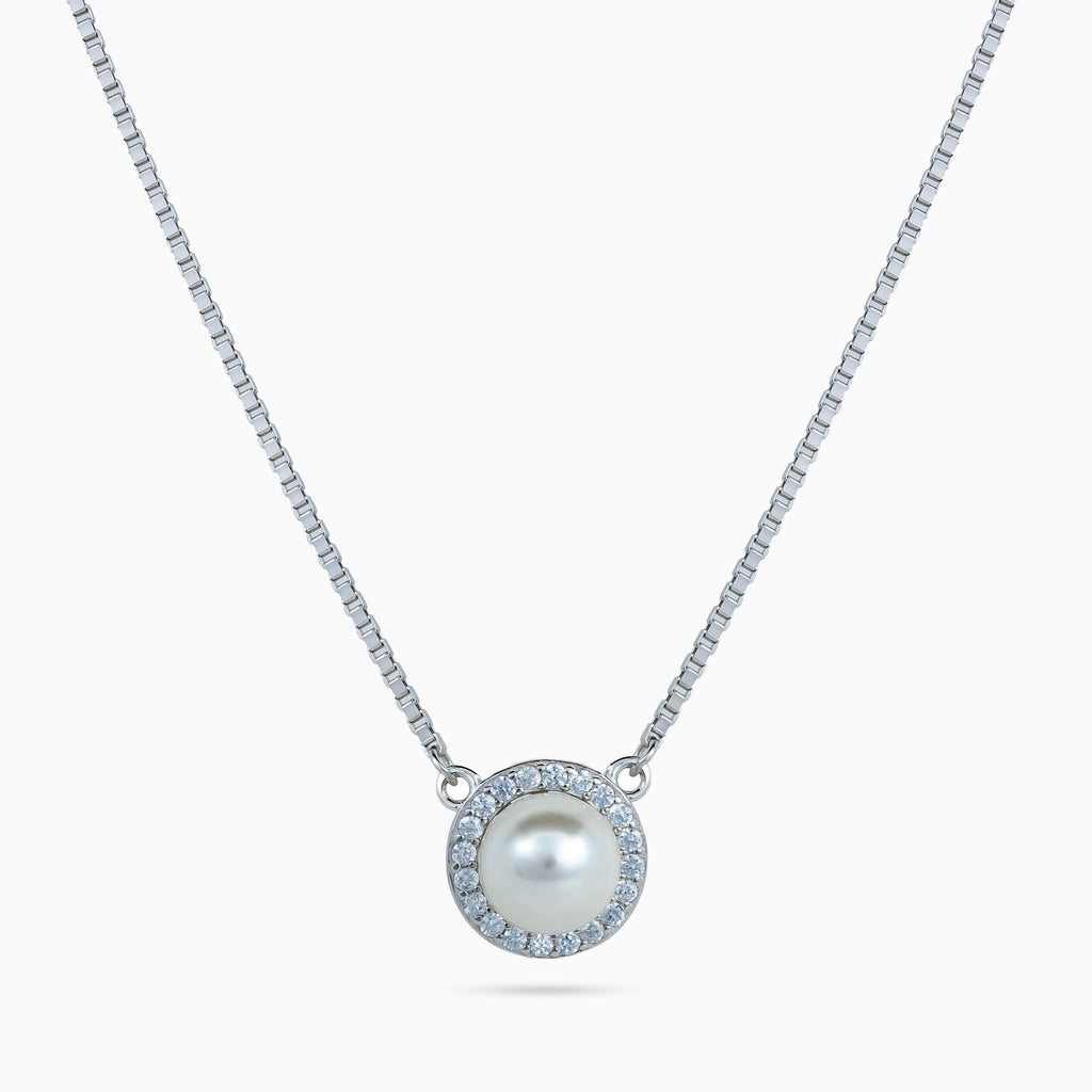 925 sterling silver, rhodium, Pearl Halo Medallion Necklace, (Bloom & Pearl), 1x1 cm, 40 cm chain