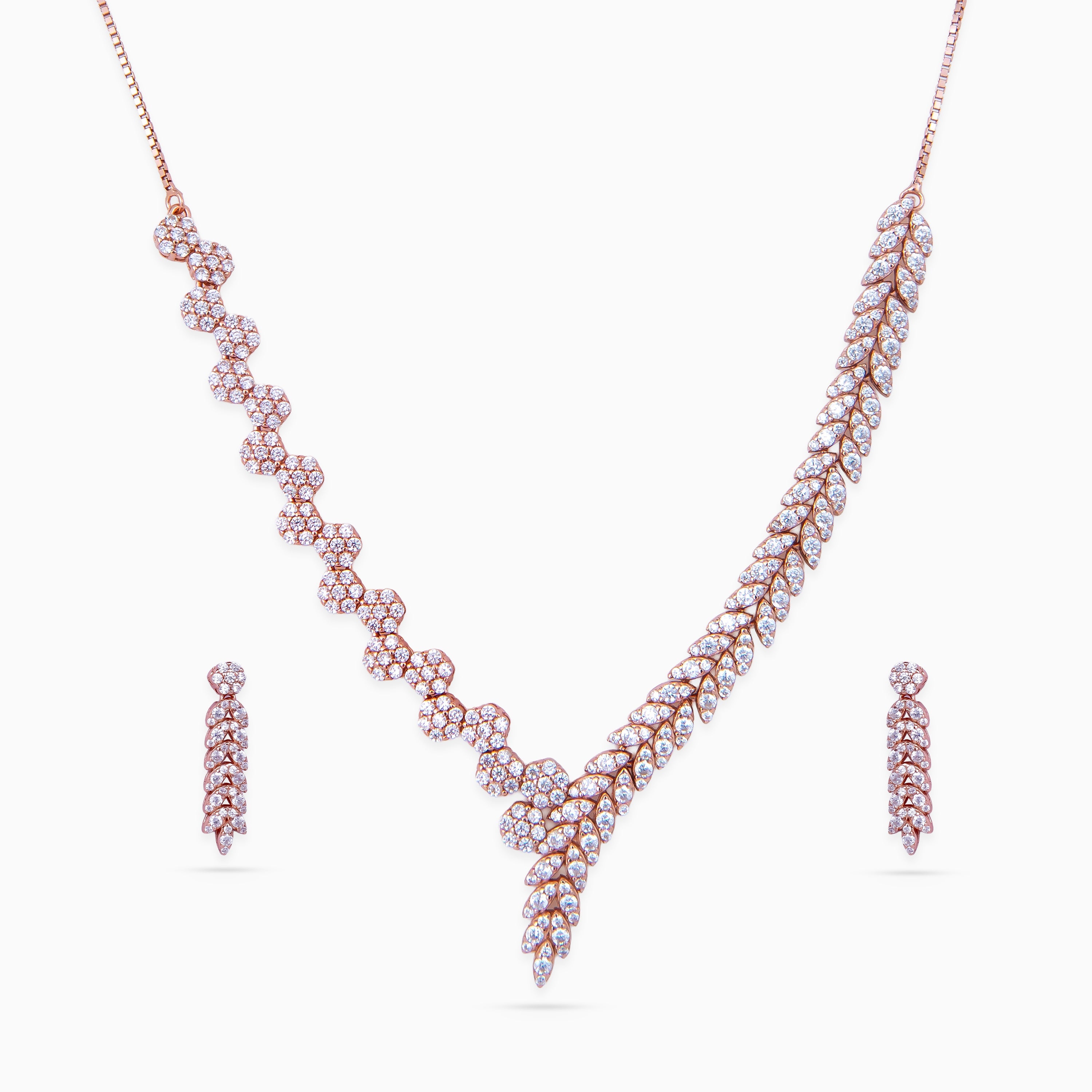 Pendant Set, Necklace Set, Rose gold, 925 sterling silver, Cubic zirconia, Asymmetrical, Fern leaves, Honeycomb, Wedding jewelry, Matching earrings