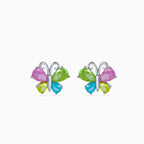 925 silver butterfly studs, rhodium, pastel pink green blue yellow crystals, 1 cm