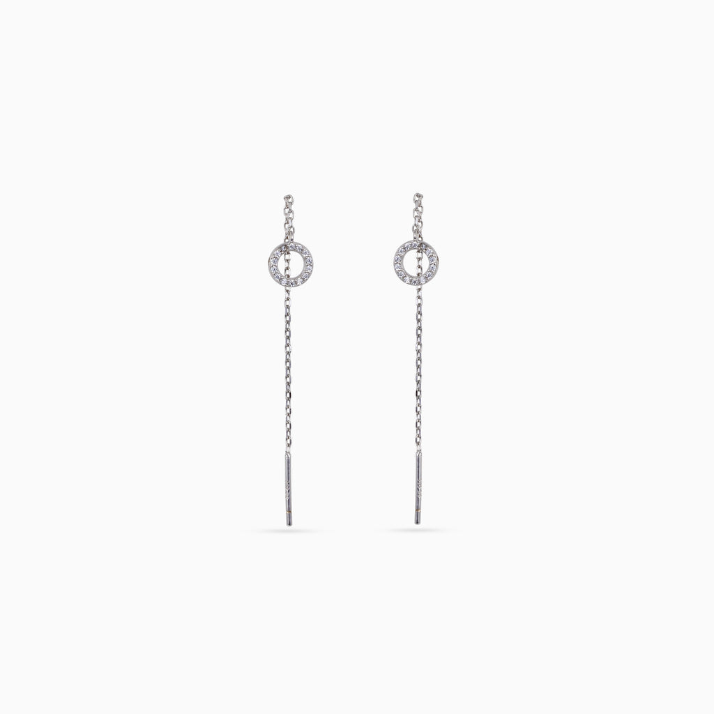 925 silver long chain drop earrings, pavé circle top, bar end, 6.5 × 1 cm