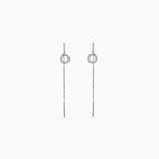 925 silver long chain drop earrings, pavé circle top, bar end, 6.5 × 1 cm
