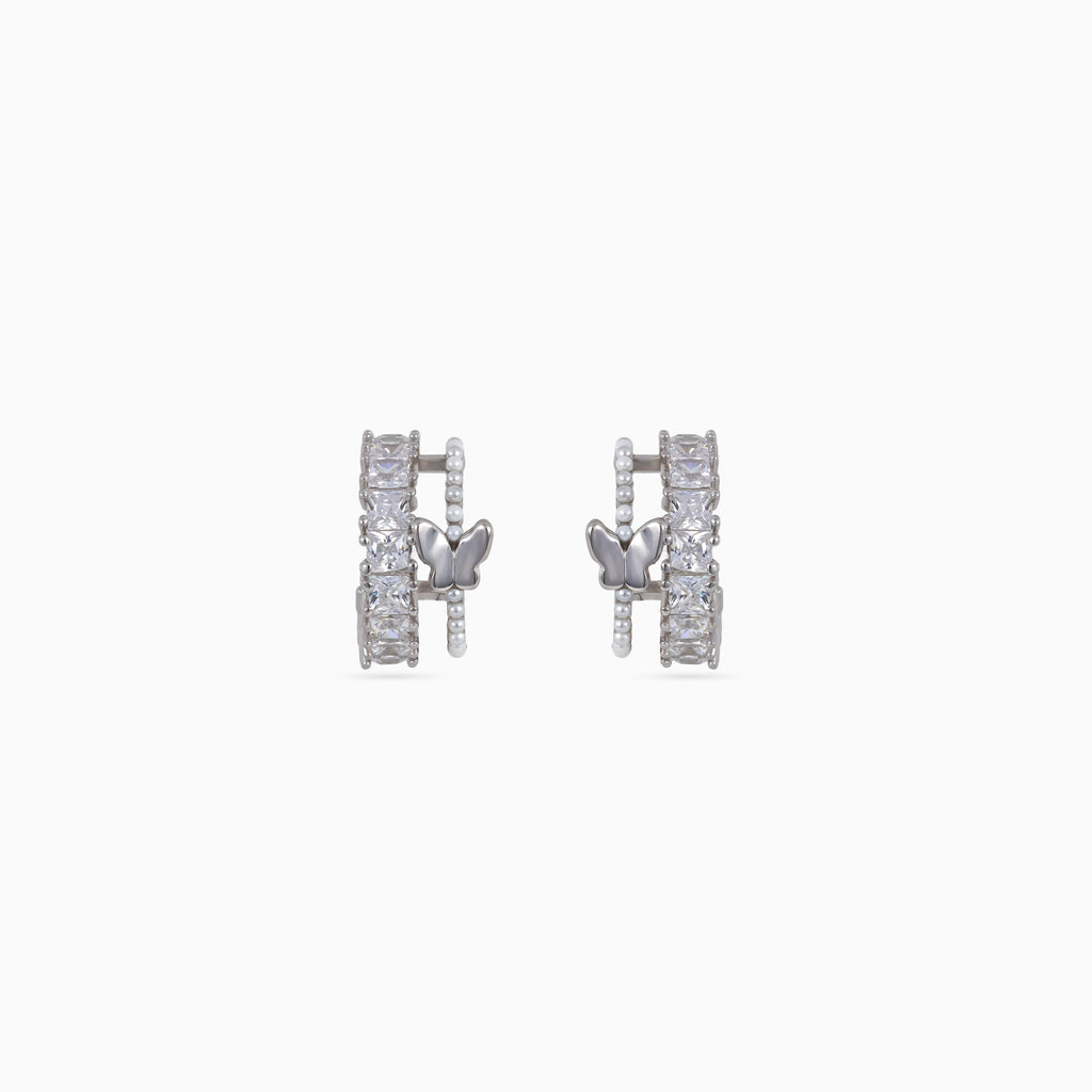 925 silver butterfly gem hoop huggies, square CZ, beaded detail, 1.5 × 0.5 cm