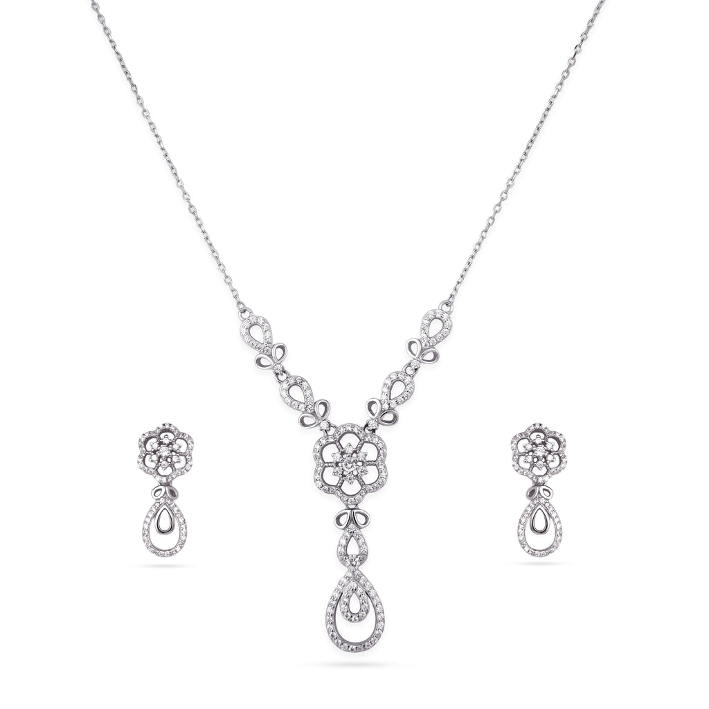 Pendant Set, Necklace Set, Rhodium, 925 sterling silver, Cubic zirconia, Floral, Teardrop, Wedding jewelry, Festive wear, Matching earrings