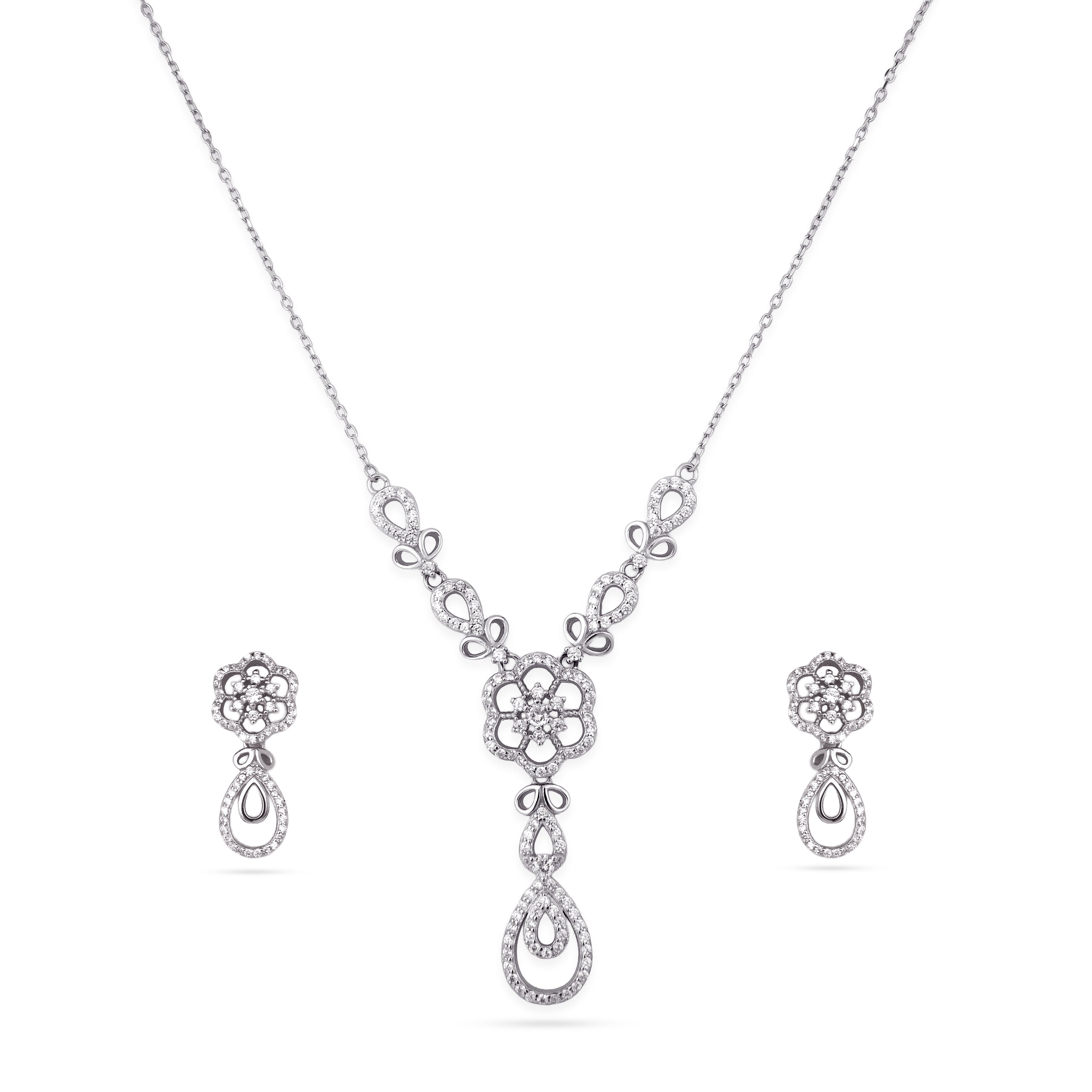 Pendant Set, Necklace Set, Rhodium, 925 sterling silver, Cubic zirconia, Floral, Teardrop, Wedding jewelry, Festive wear, Matching earrings