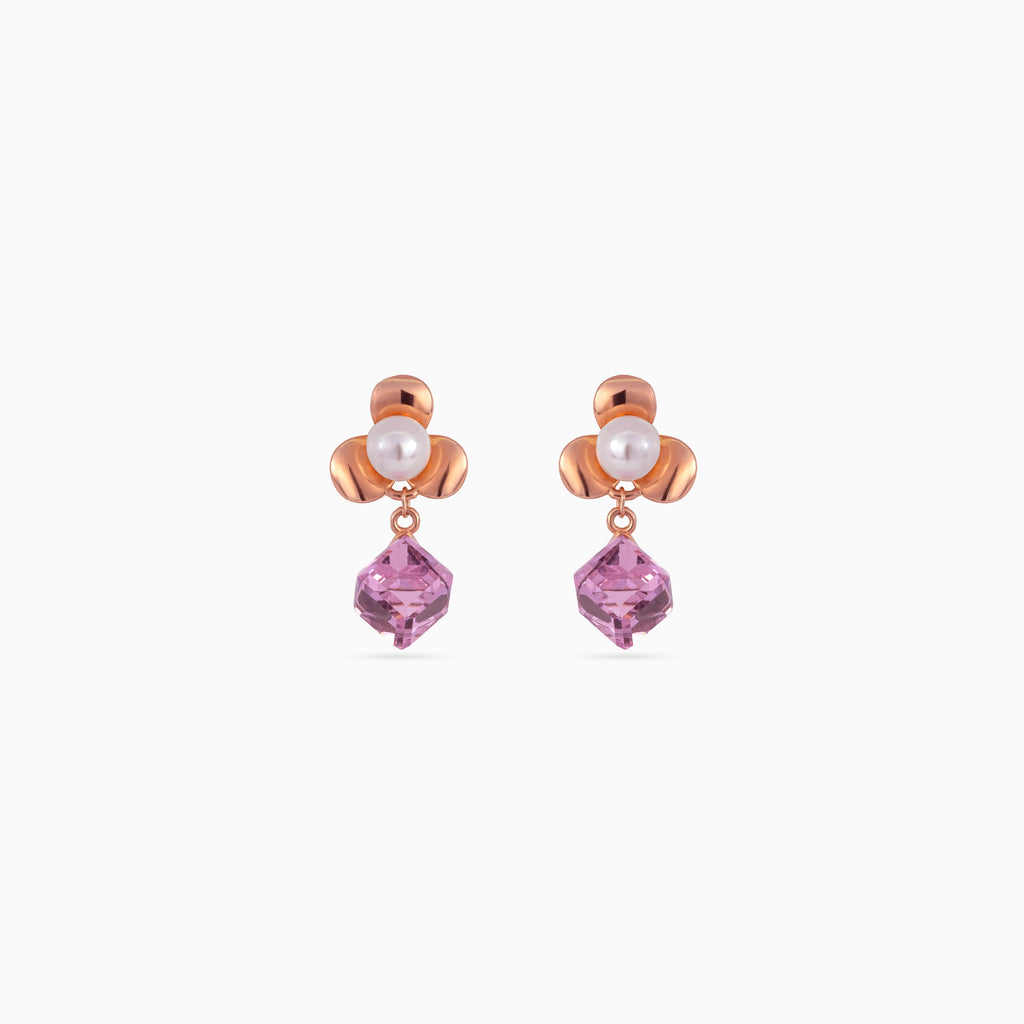 925 rose gold pearl drop earrings, pink CZ prism, 2 × 1 cm