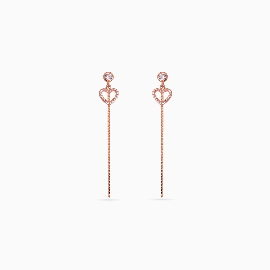 925 rose gold heart chain drop earrings, bezel CZ, pavé heart, 5 × 1 cm